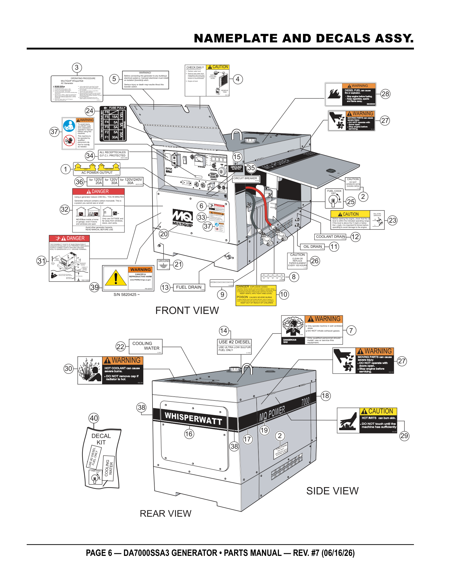 Multiquip DA7000SSA3 Generator NAMEPLATE AND DECALS ASSY. parts diagram