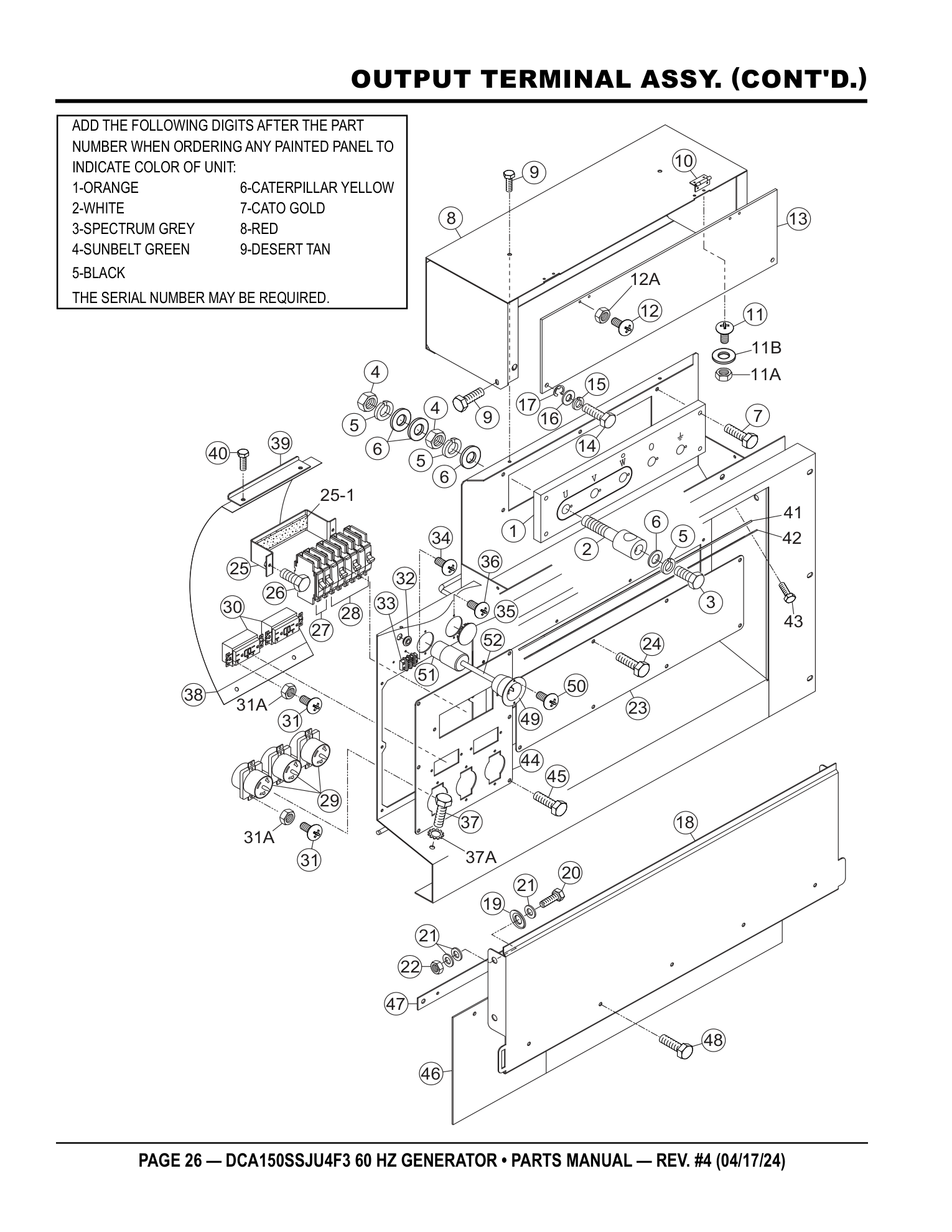 Multiquip DCA150SSJU4F3 Generator OUTPUT TERMINAL ASSY. (CONT'D.) parts diagram