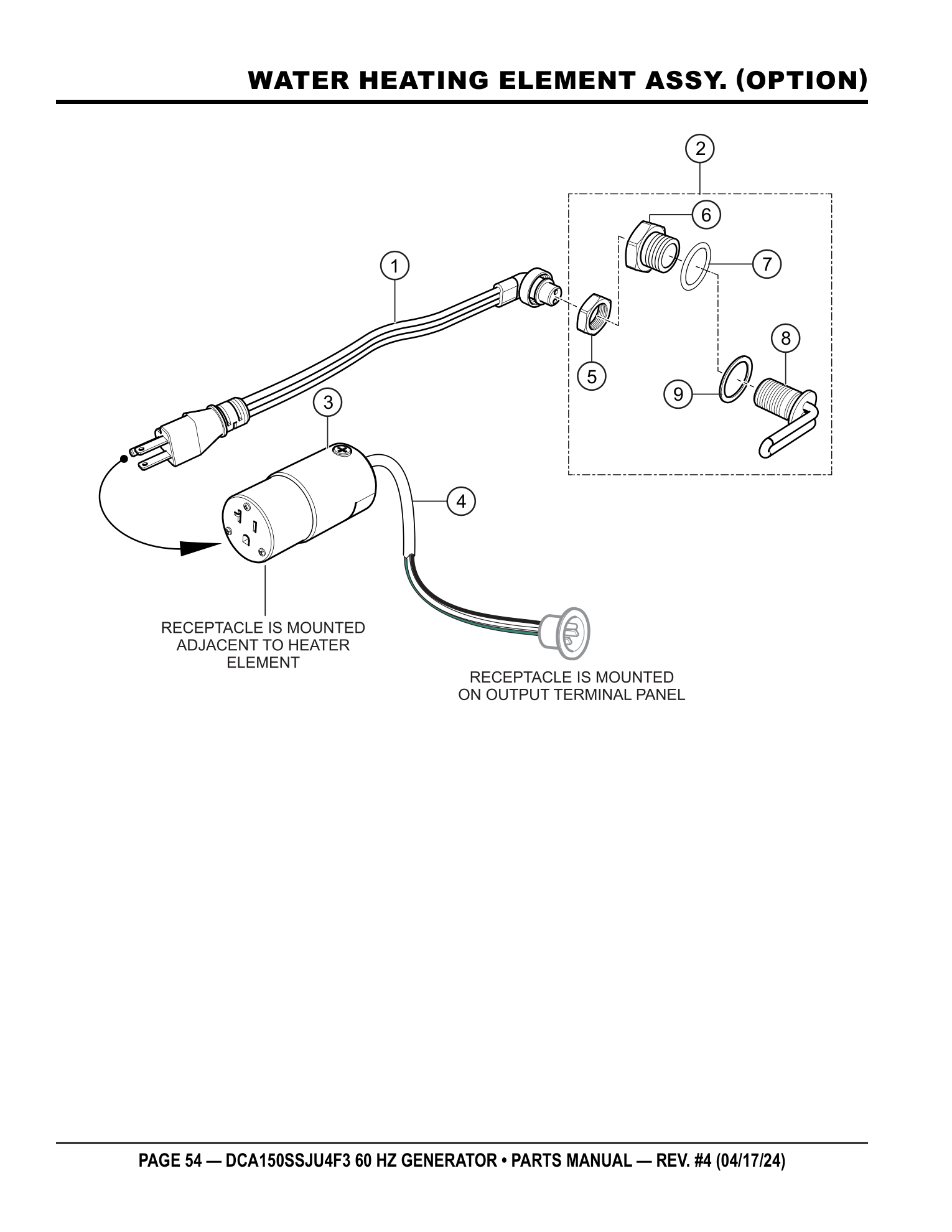 Multiquip DCA150SSJU4F3 Generator WATER HEATING ELEMENT ASSY. (OPTION) parts diagram