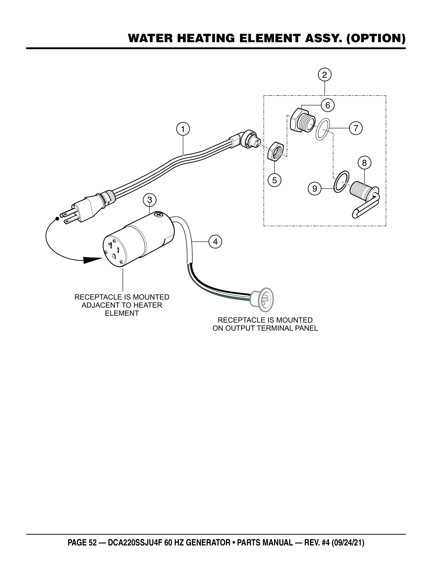 Multiquip DCA220SSJU4F Generator WATER HEATING ELEMENT ASSY. (OPTION) parts diagram