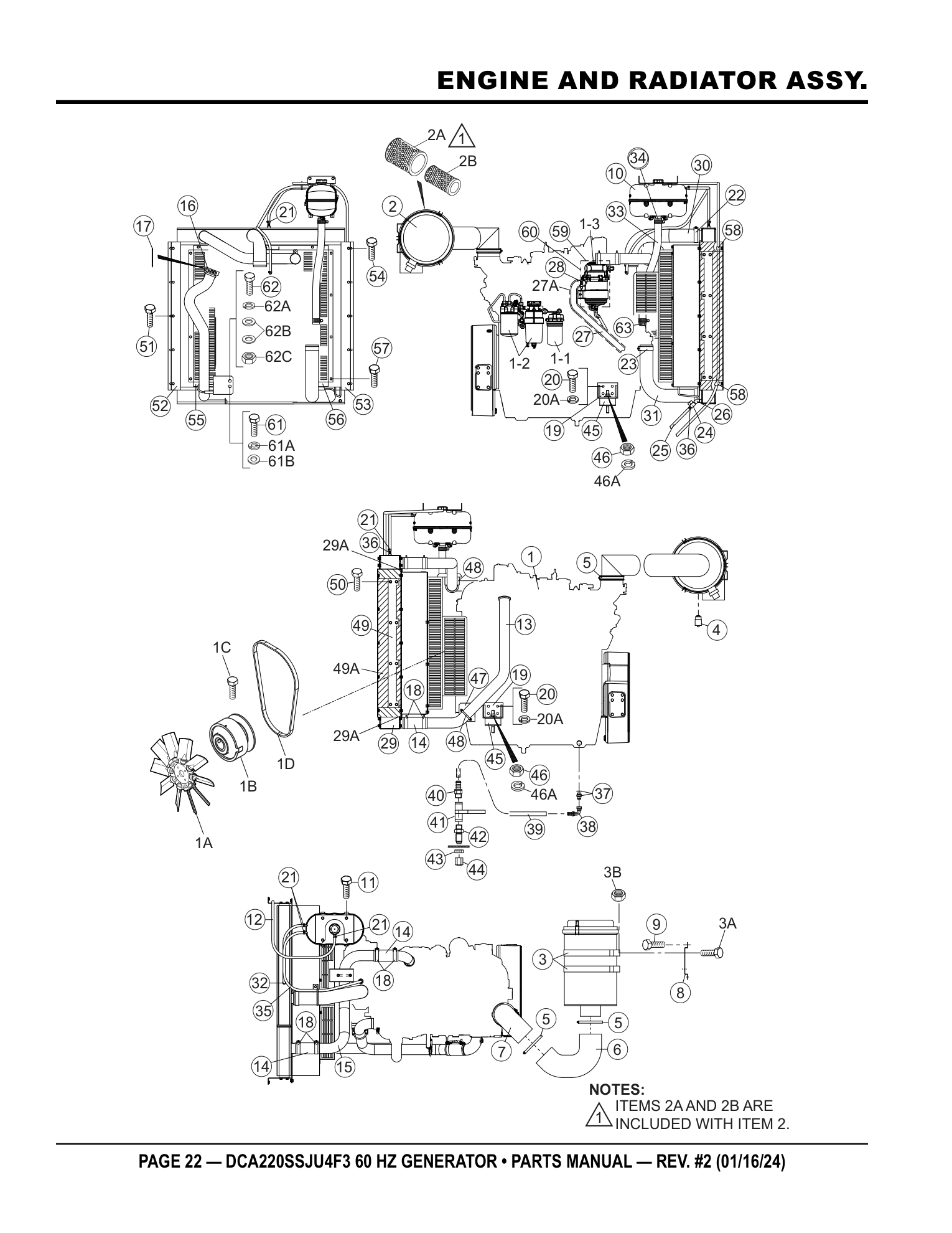 Multiquip DCA220SSJU4F3 Generator ENGINE AND RADIATOR ASSY. parts diagram