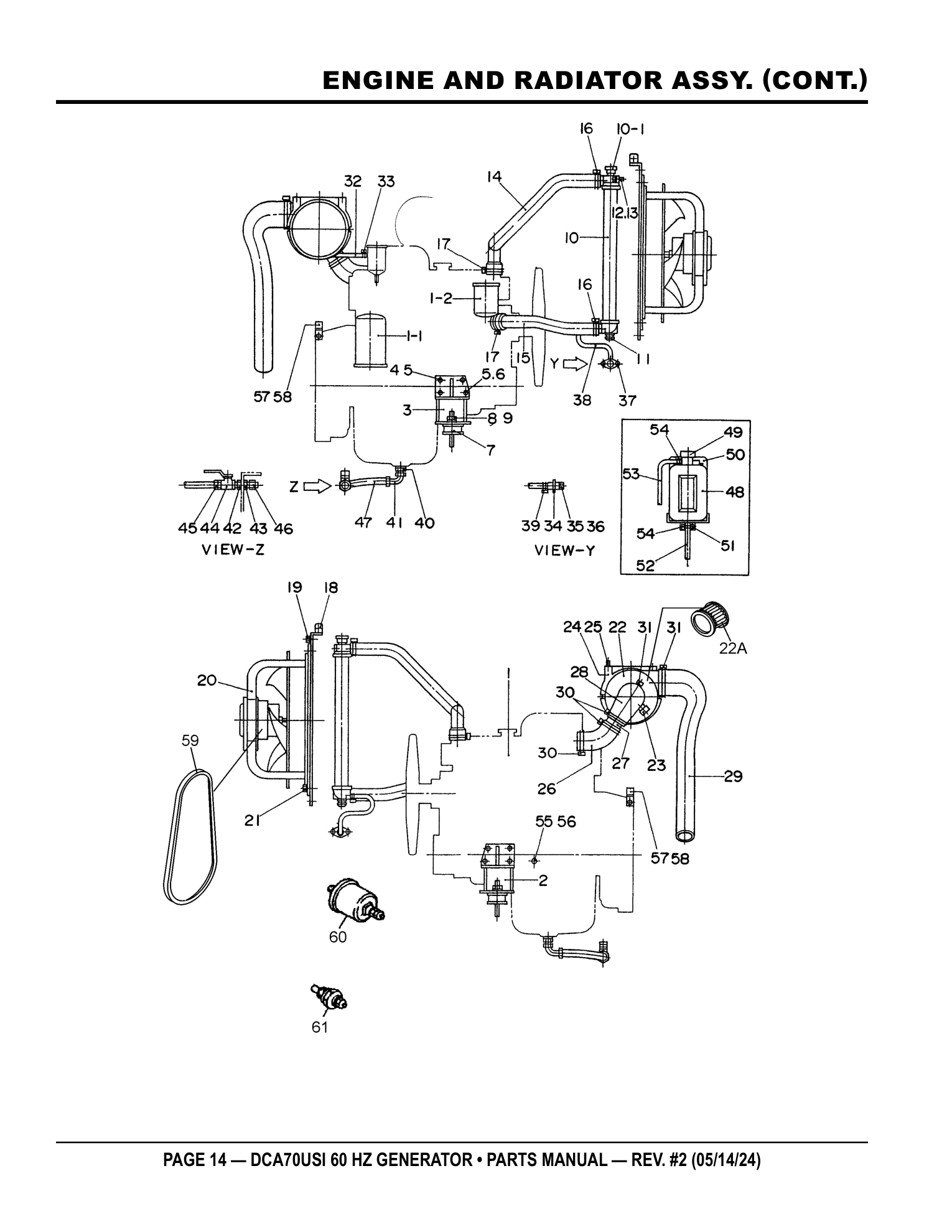 Multiquip DCA70USI Generator ENGINE AND RADIATOR ASSY. (CONT.) parts diagram