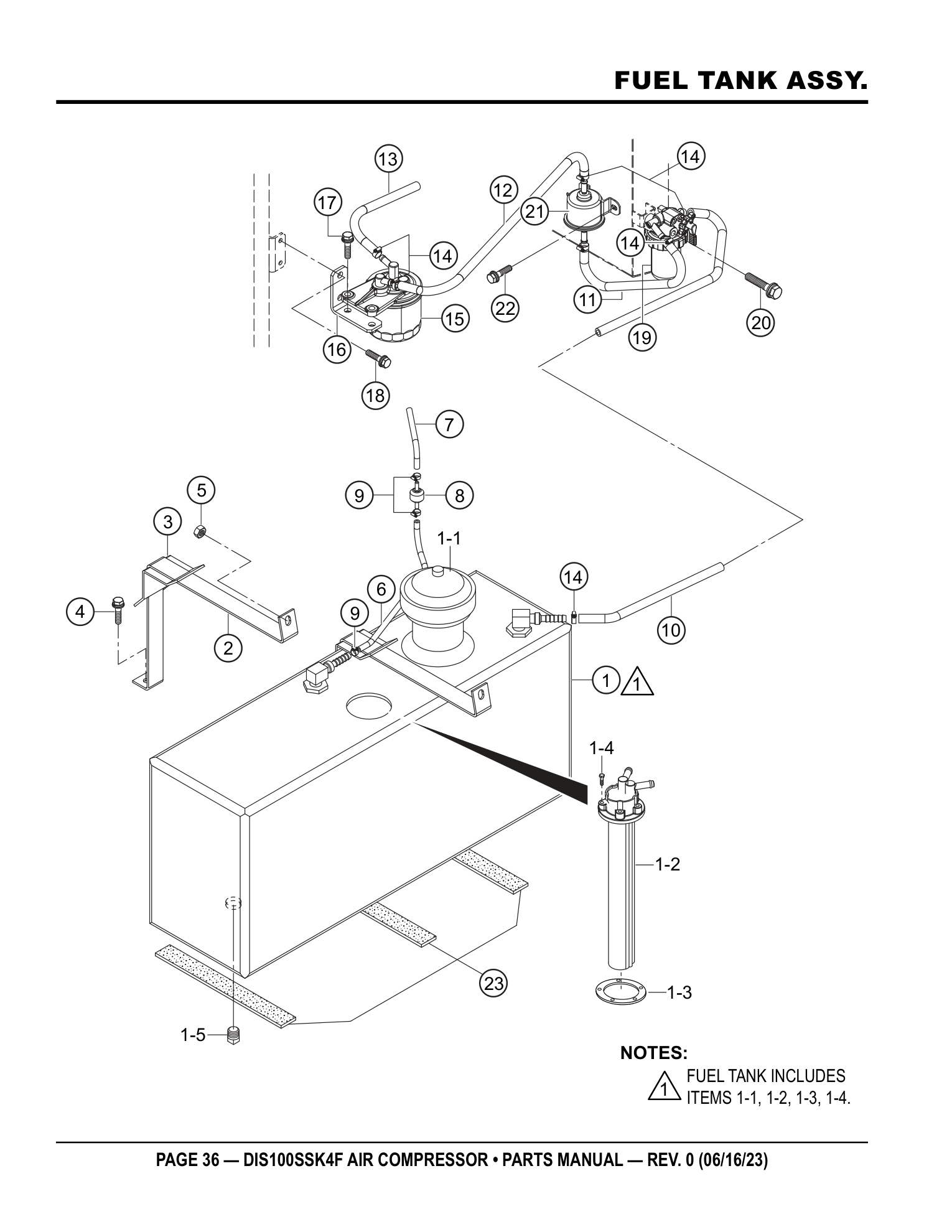 Multiquip DIS100SSK4F Air Compressor FUEL TANK ASSY. parts diagram