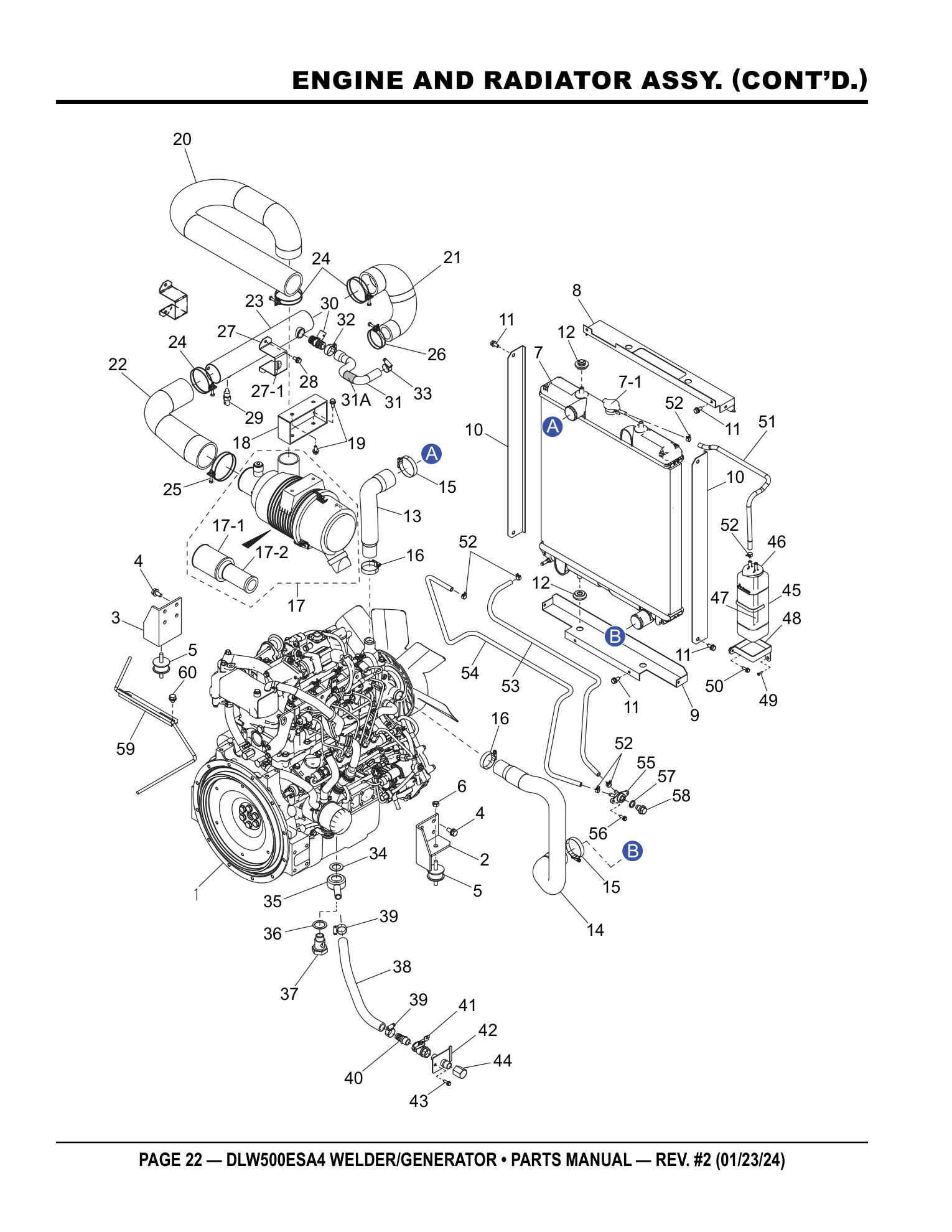 Multiquip DLW500 Diesel Welder ENGINE AND RADIATOR ASSY. (CONT’D.) parts diagram