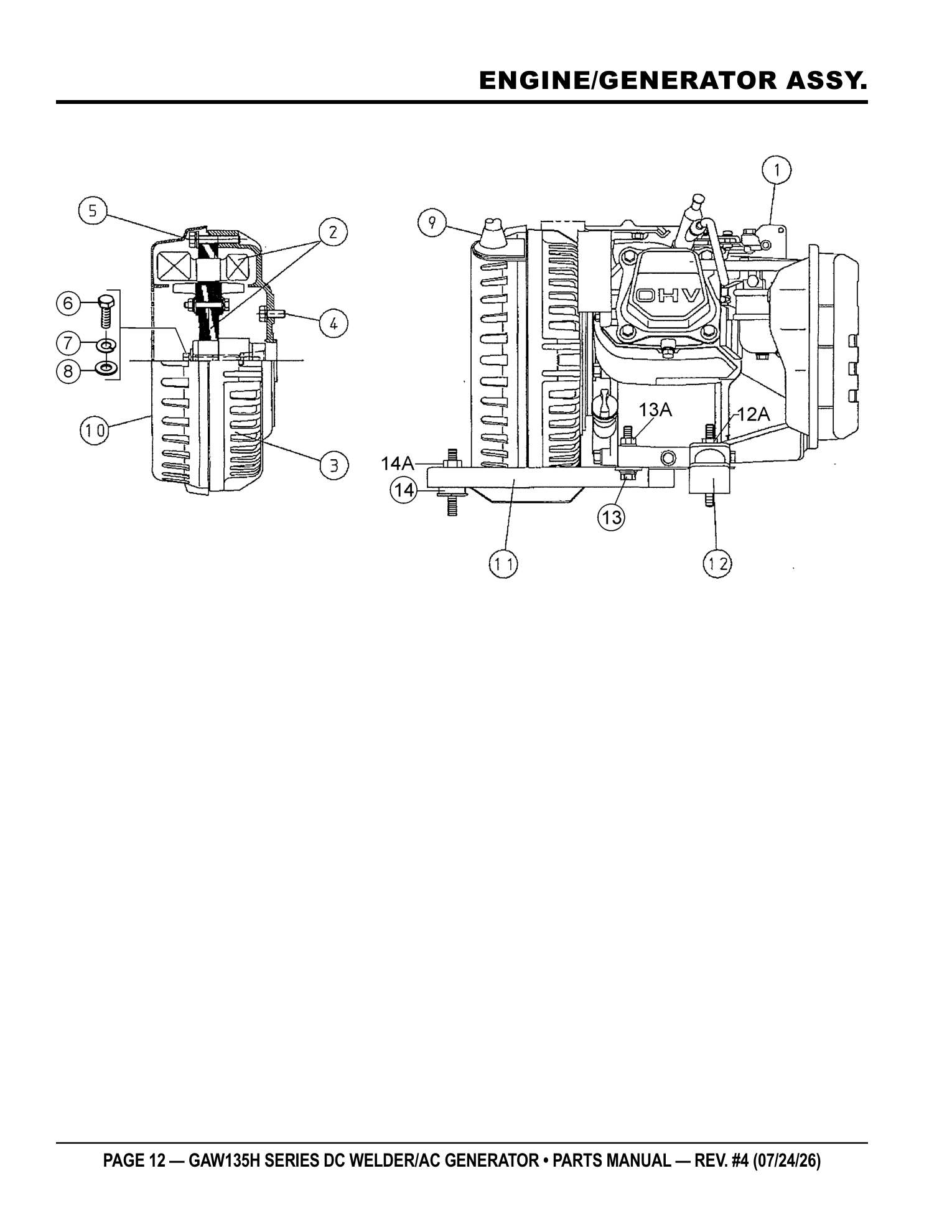 Multiquip GAW135 Gasoline Welder ENGINE/GENERATOR ASSY. parts diagram
