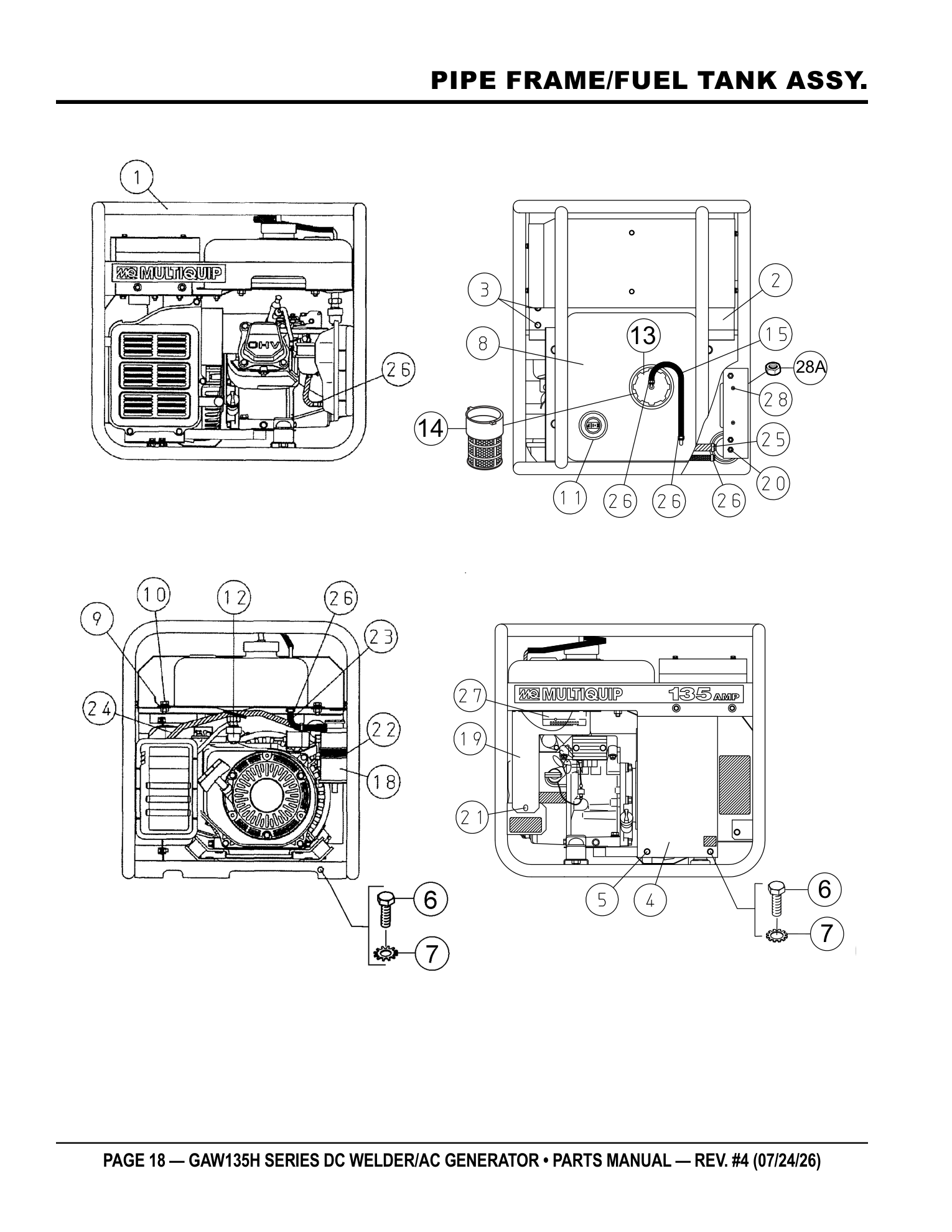 Multiquip GAW135 Gasoline Welder PIPE FRAME/FUEL TANK ASSY. parts diagram