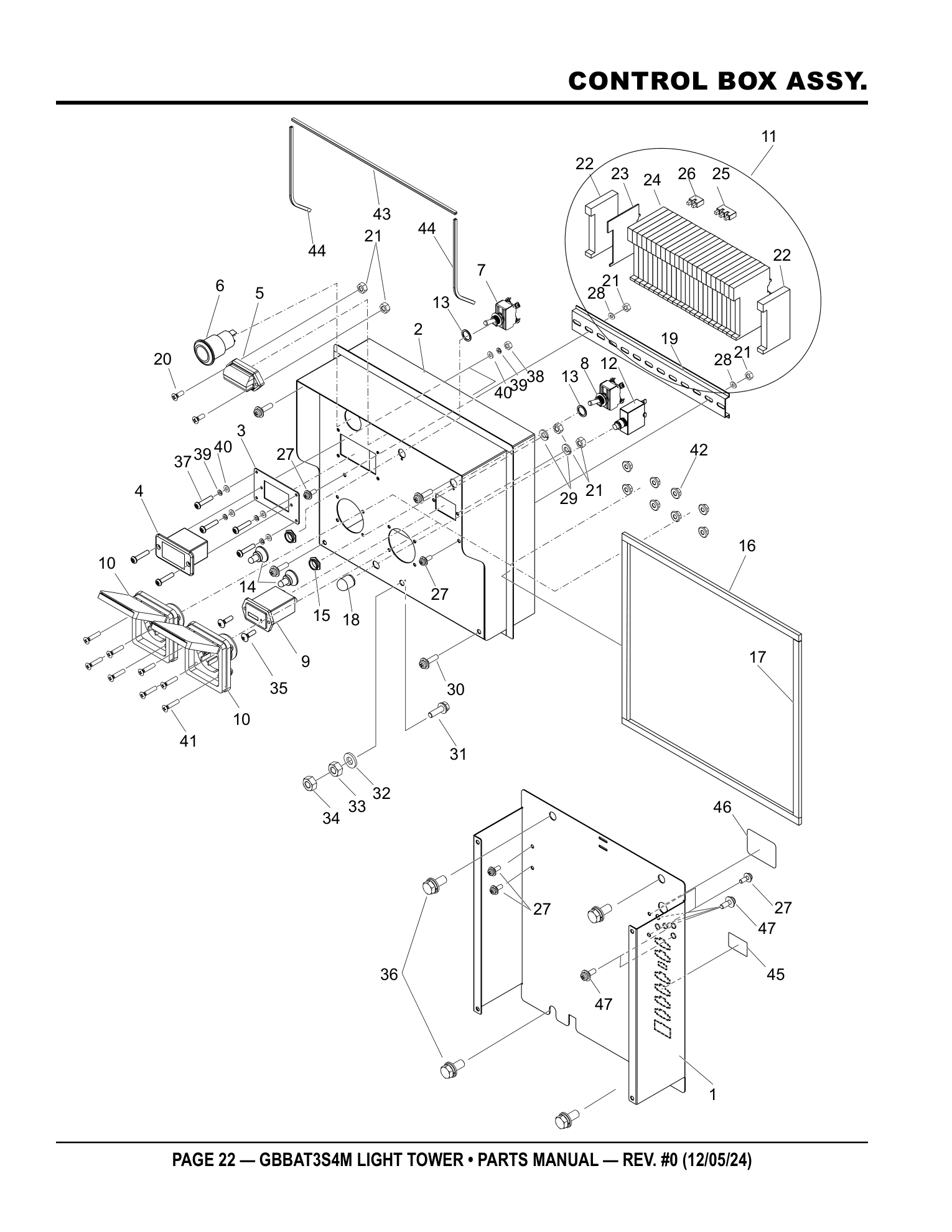 Multiquip GBBAT3 Battery-Powered Balloon Light CONTROL BOX ASSY. parts diagram