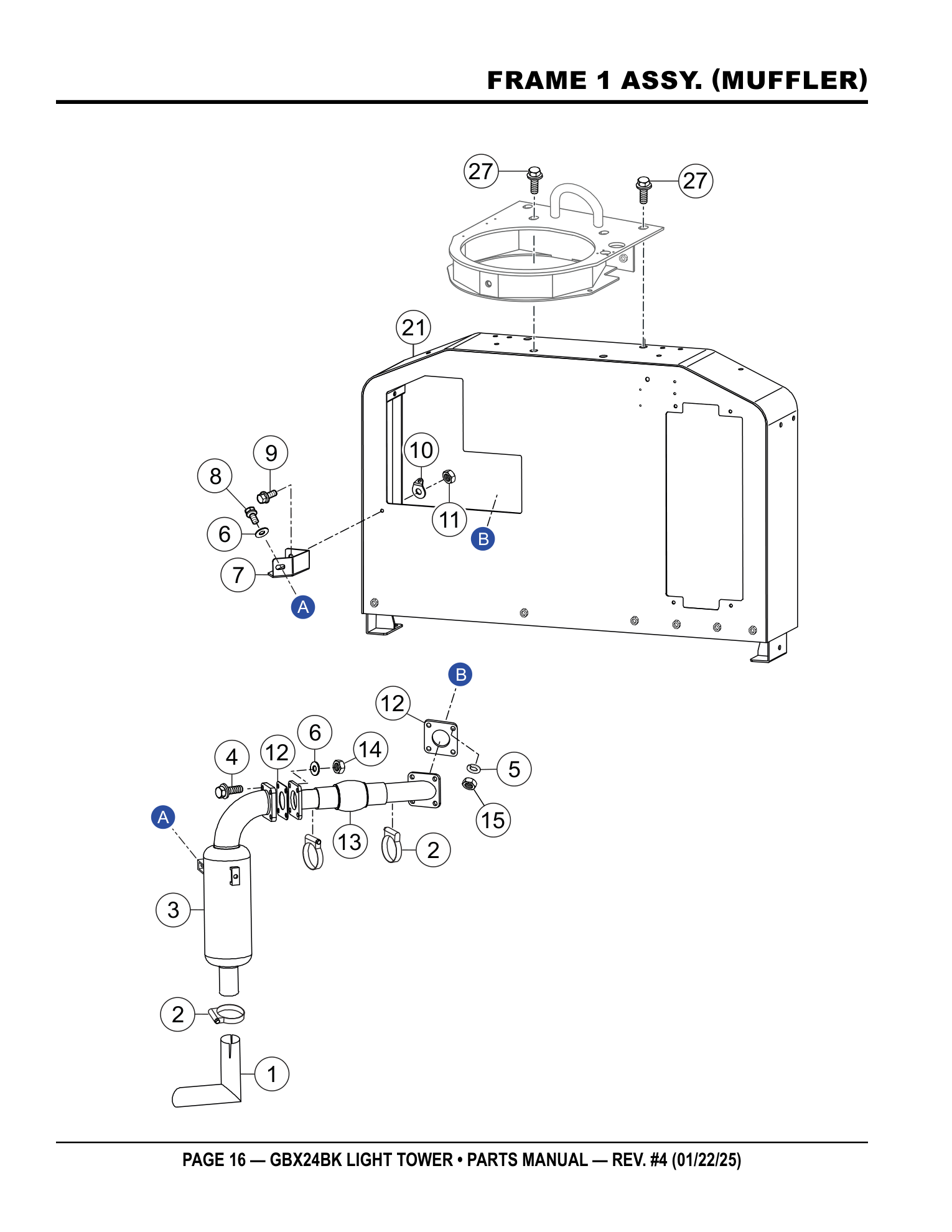 Multiquip GBX24 Light Tower FRAME 1 ASSY. (MUFFLER) parts diagram