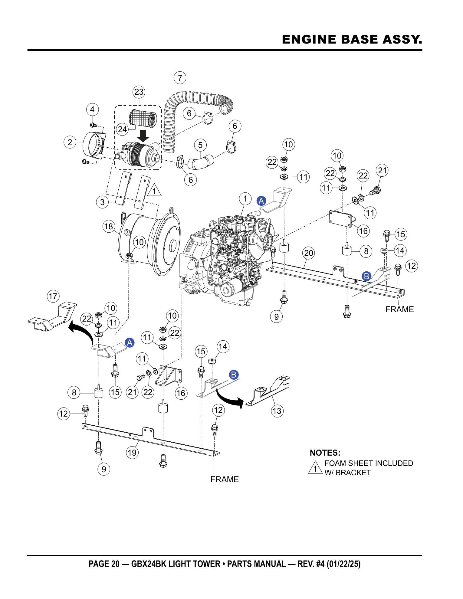 Multiquip GBX24 Light Tower ENGINE BASE ASSY. parts diagram
