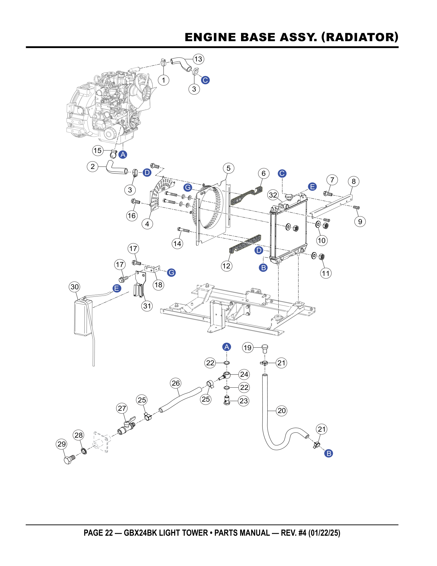 Multiquip GBX24 Light Tower ENGINE BASE ASSY. (RADIATOR) parts diagram
