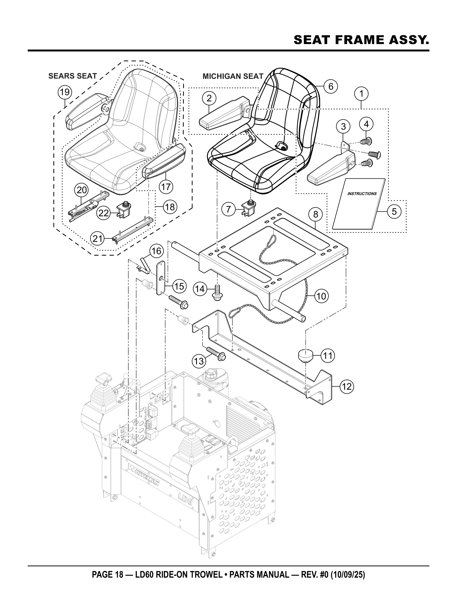 Multiquip LD6 Ride-On Trowel SEAT FRAME ASSY. parts diagram