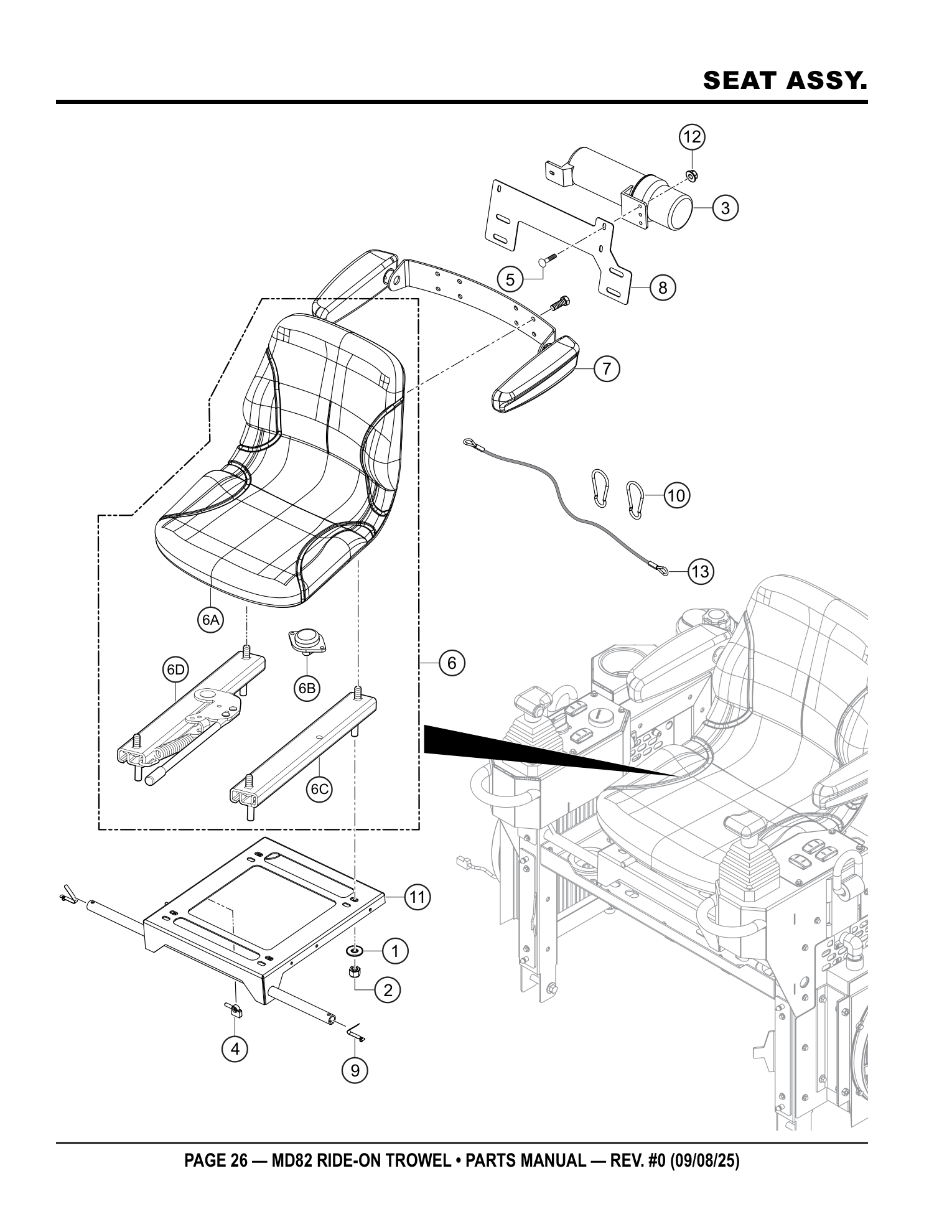 Multiquip MD82 Ride-On Trowel SEAT ASSY. parts diagram