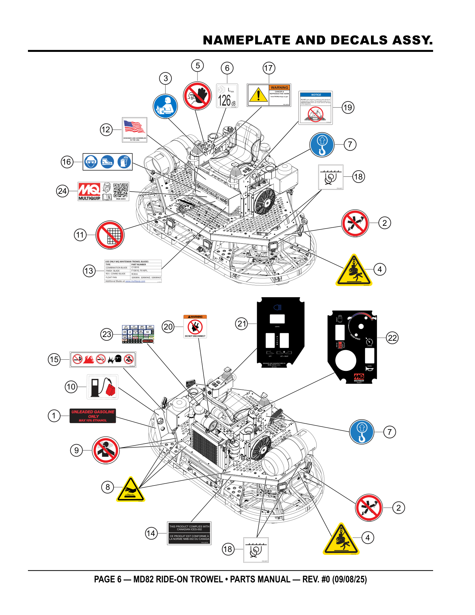 Multiquip MD82 Ride-On Trowel NAMEPLATE AND DECALS ASSY. parts diagram
