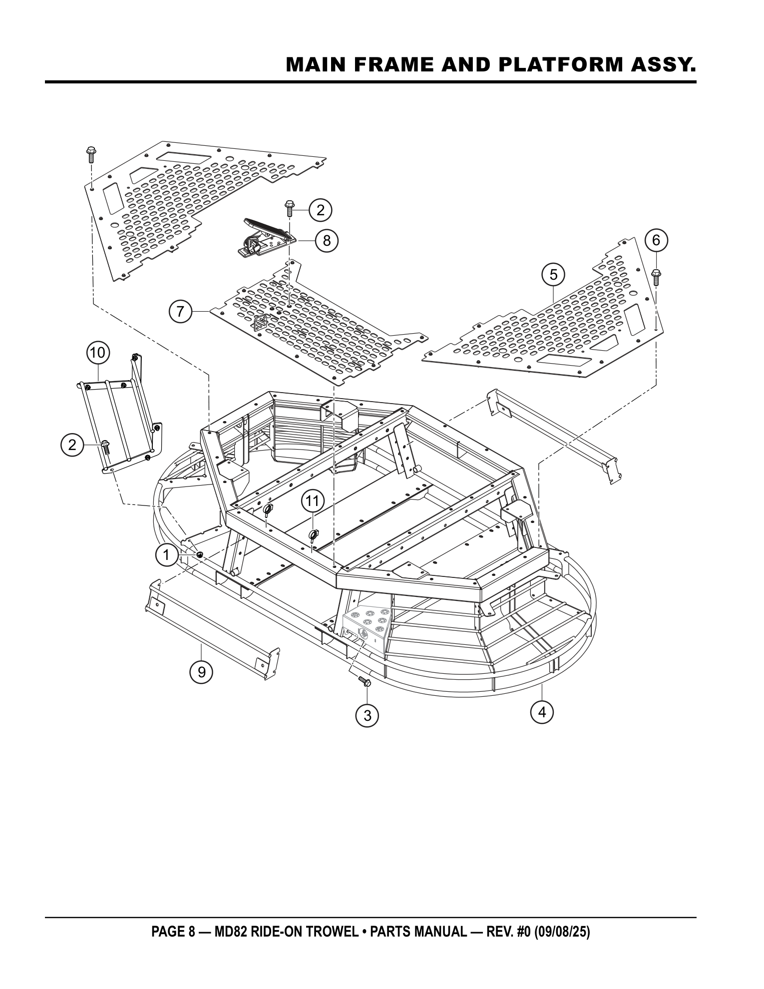 Multiquip MD82 Ride-On Trowel MAIN FRAME AND PLATFORM ASSY. parts diagram