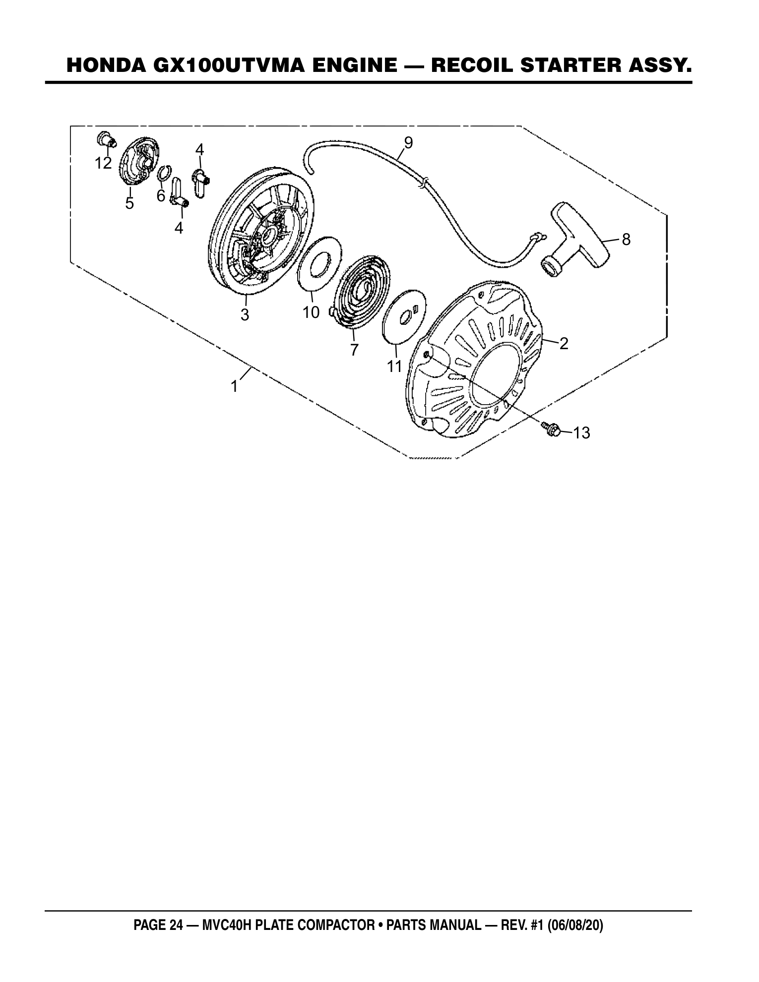 Multiquip MVC40H Plate Compactor HONDA GX100UTVMA ENGINE - RECOIL STARTER ASSY. parts diagram