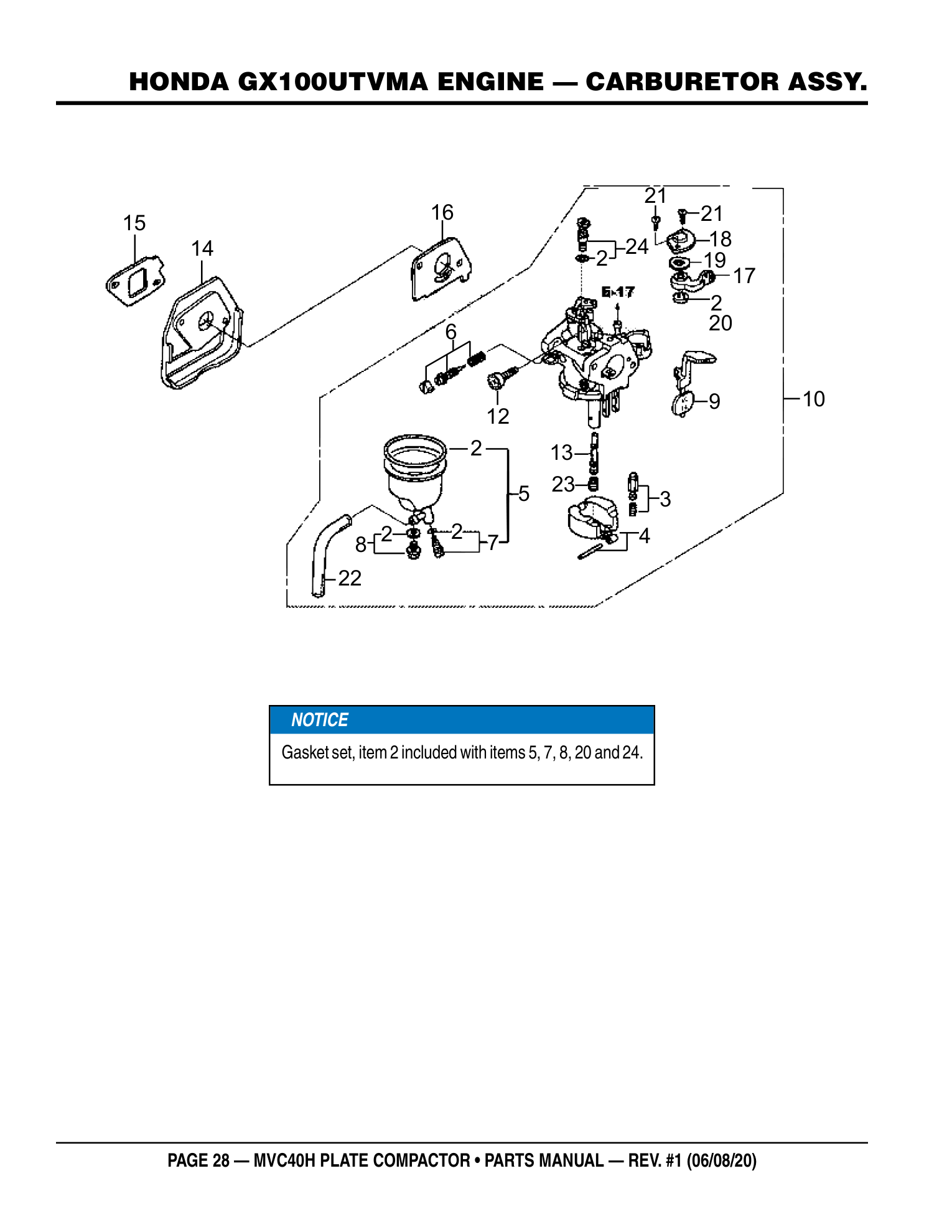 Multiquip MVC40H Plate Compactor HONDA GX100UTVMA ENGINE - CARBURETOR ASSY. parts diagram
