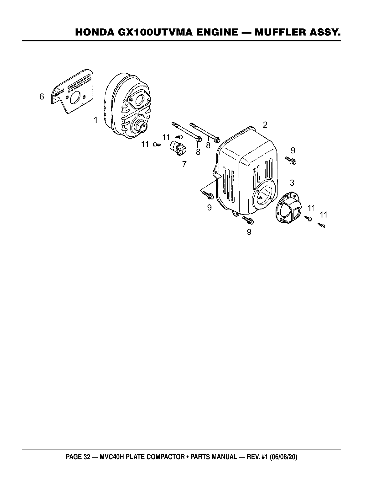 Multiquip MVC40H Plate Compactor HONDA GX100UTVMA ENGINE - MUFFLER ASSY. parts diagram