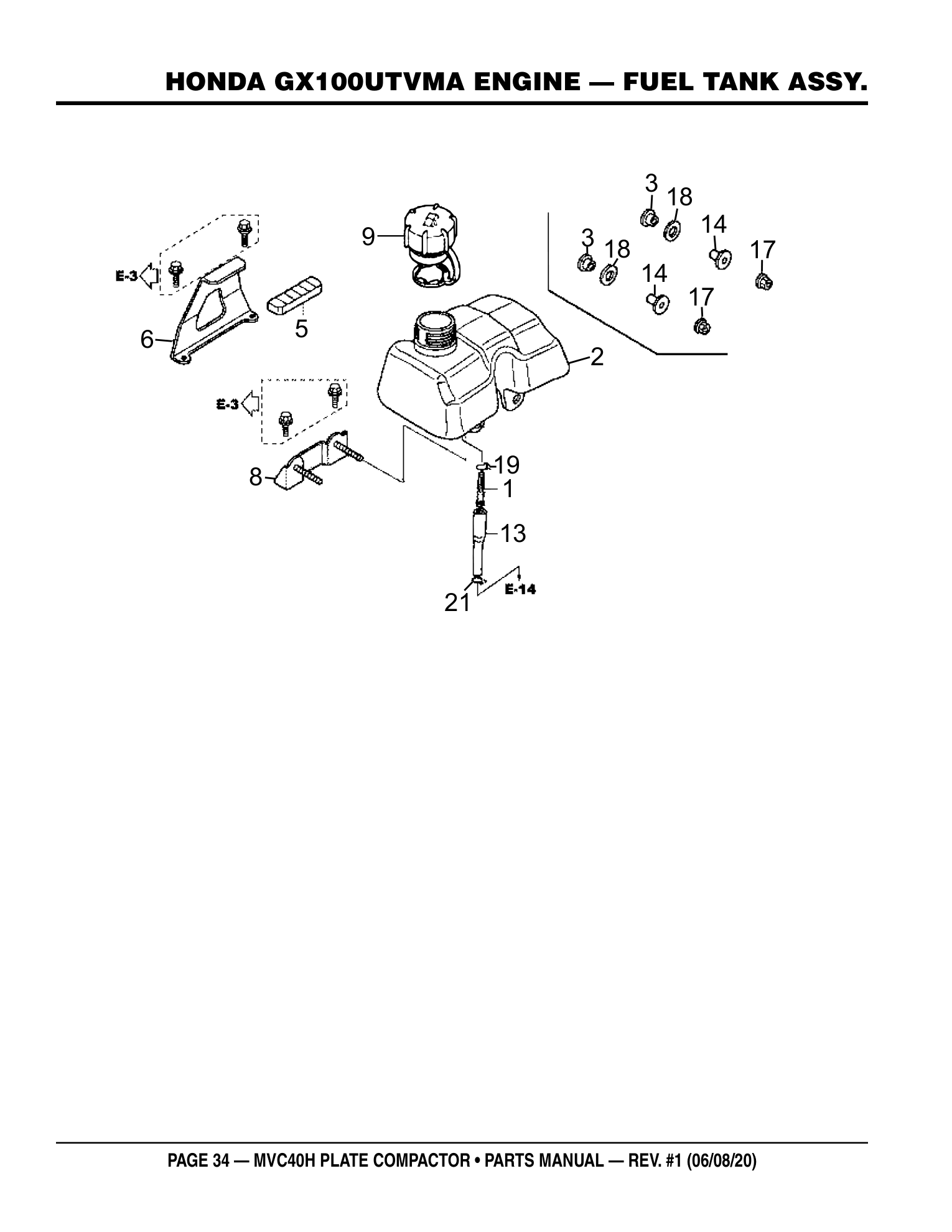 Multiquip MVC40H Plate Compactor HONDA GX100UTVMA ENGINE - FUEL TANK ASSY. parts diagram