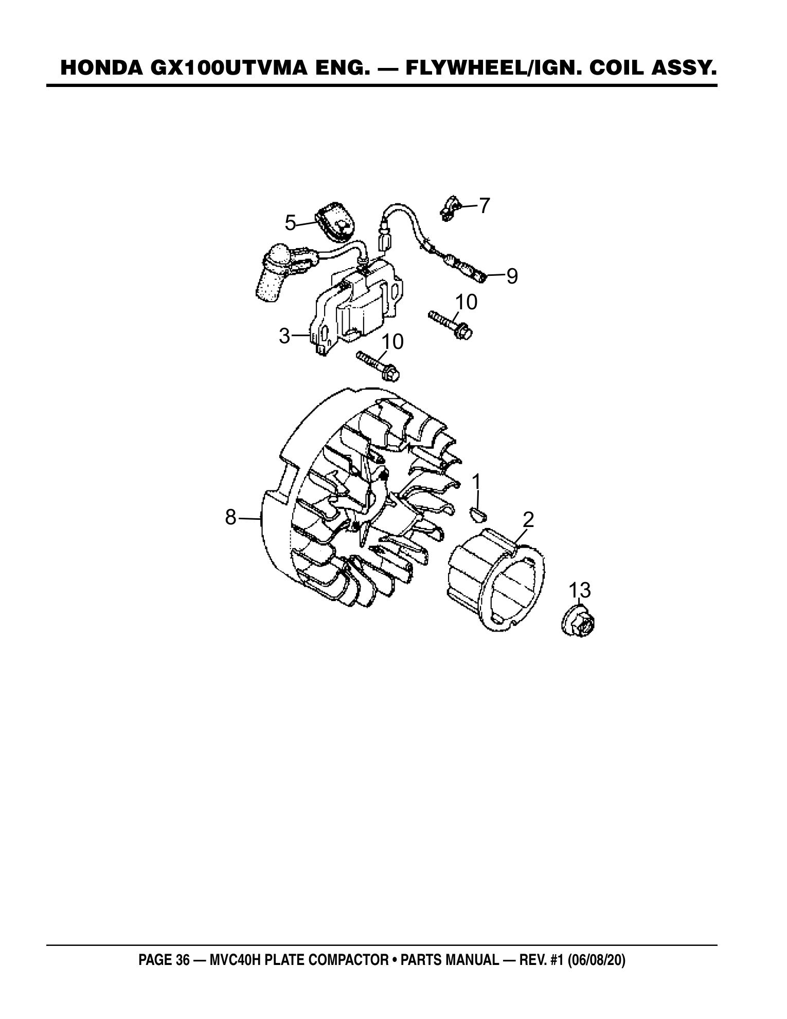 Multiquip MVC40H Plate Compactor HONDA GX100UTVMA ENG. - FLYWHEEL/IGN. COIL ASSY. parts diagram