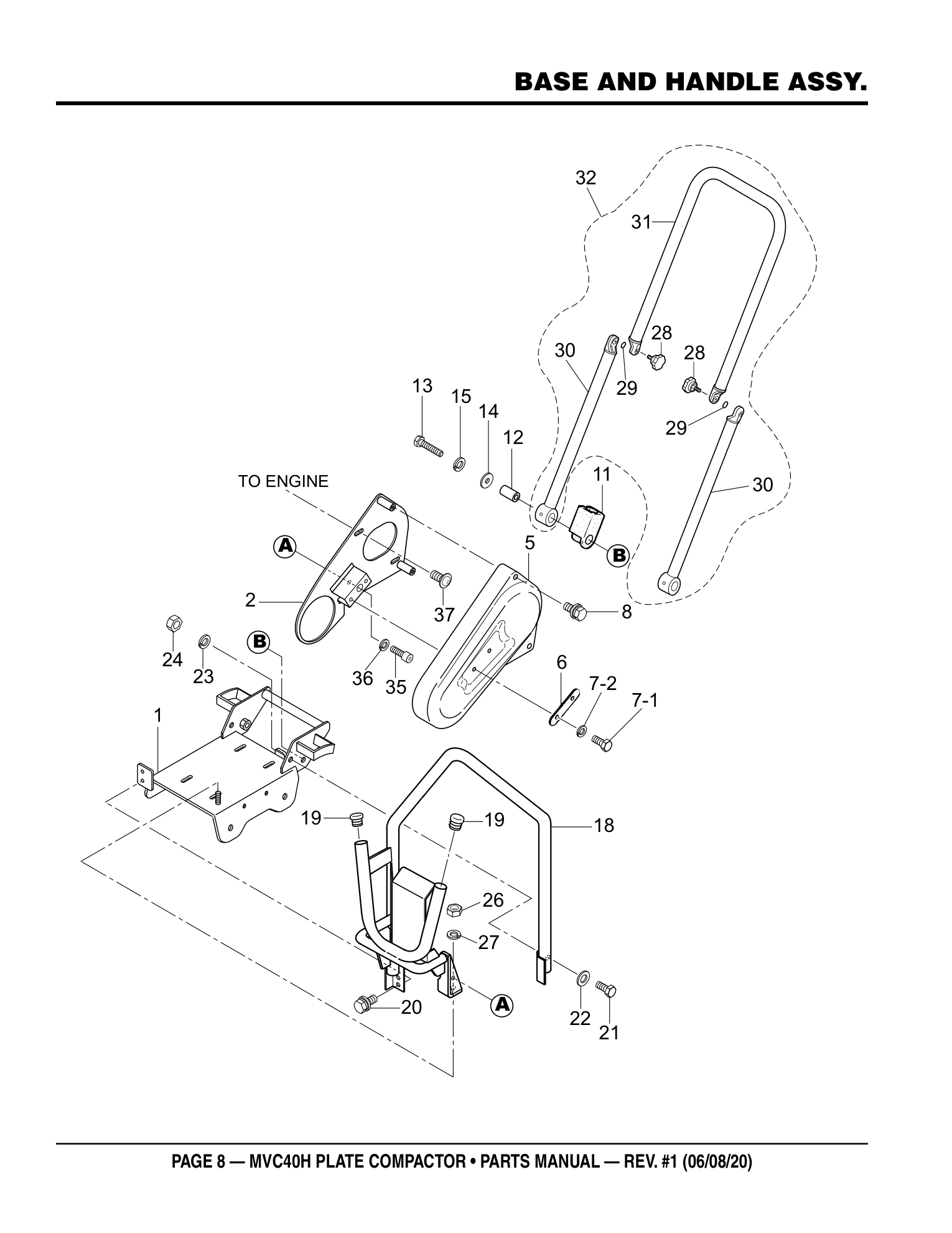 Multiquip MVC40H Plate Compactor BASE AND HANDLE ASSY. parts diagram