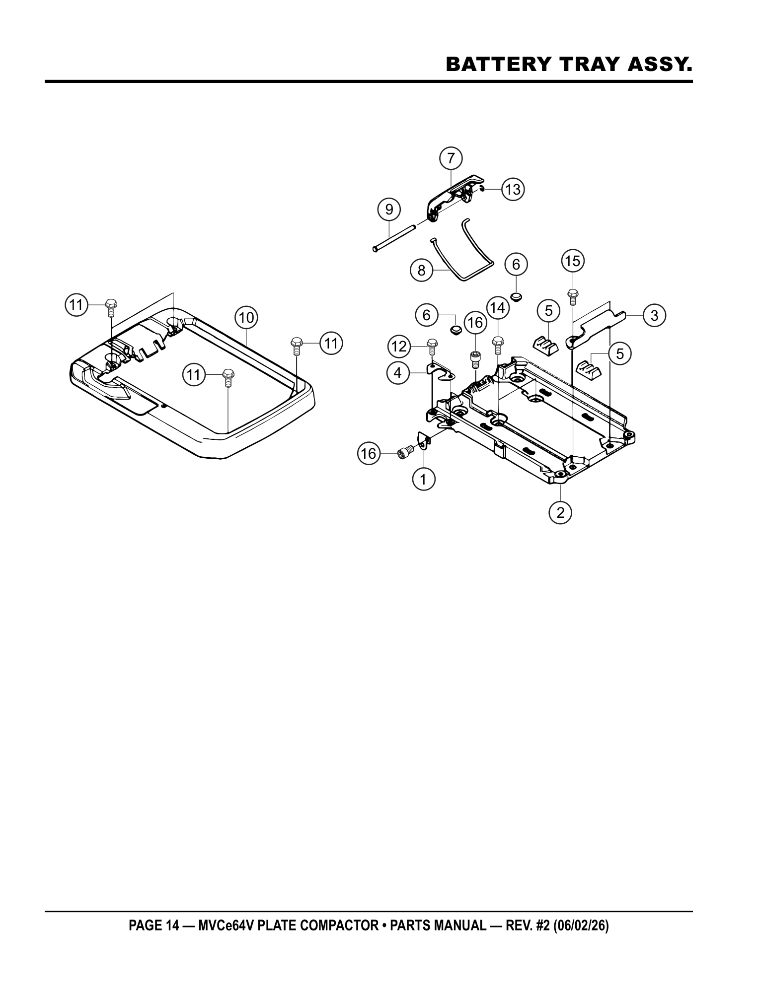 Multiquip MVCe64V Plate Compactor BATTERY TRAY ASSY. parts diagram