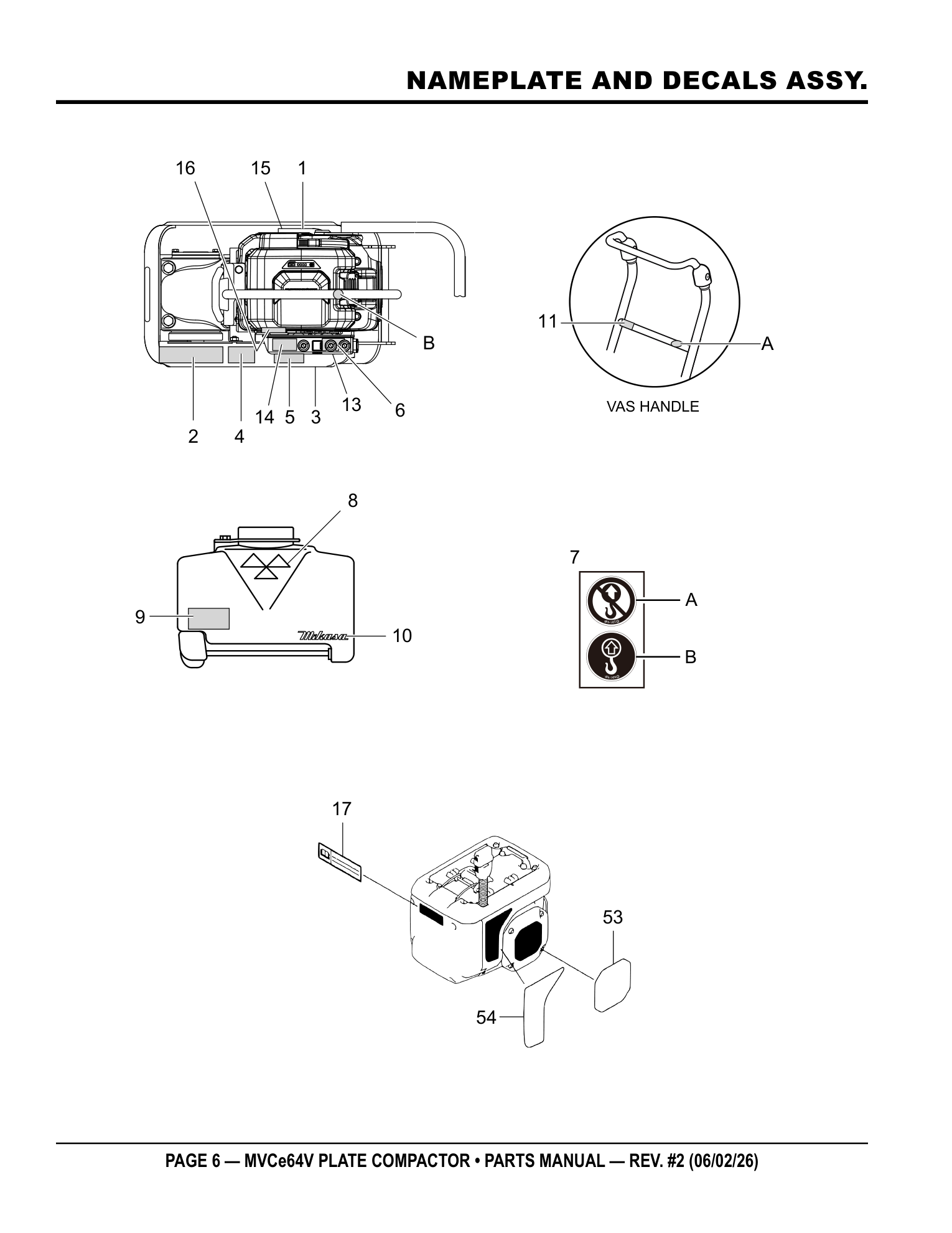 Multiquip MVCe64V Plate Compactor NAMEPLATE AND DECALS ASSY. parts diagram