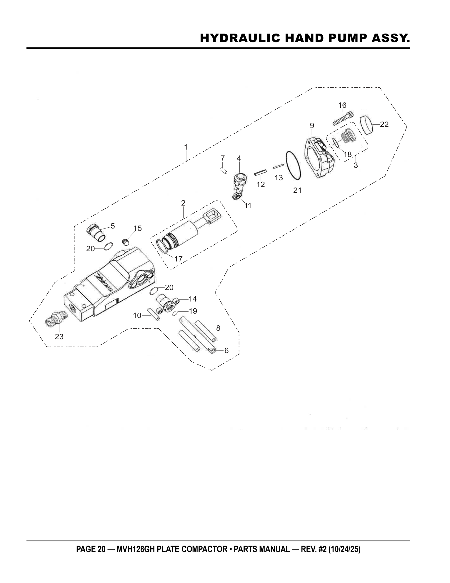 Multiquip MVH128 Reversible Plate Compactor HYDRAULIC HAND PUMP ASSY. parts diagram