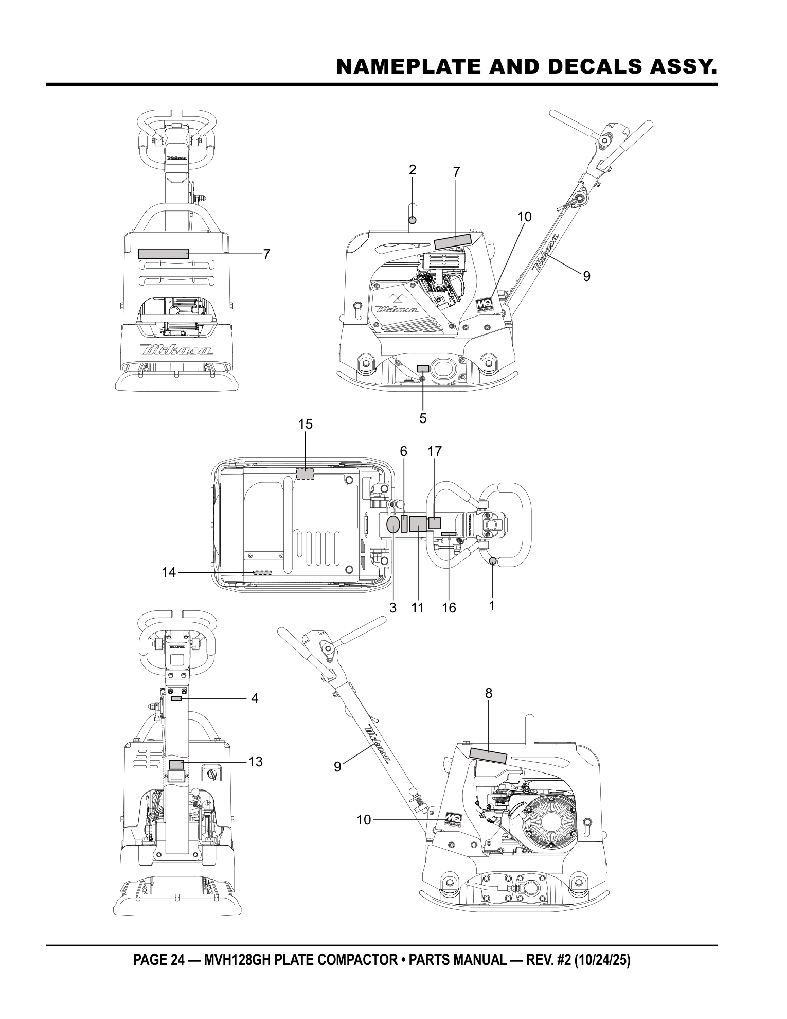 Multiquip MVH128 Reversible Plate Compactor NAMEPLATE AND DECALS ASSY. parts diagram