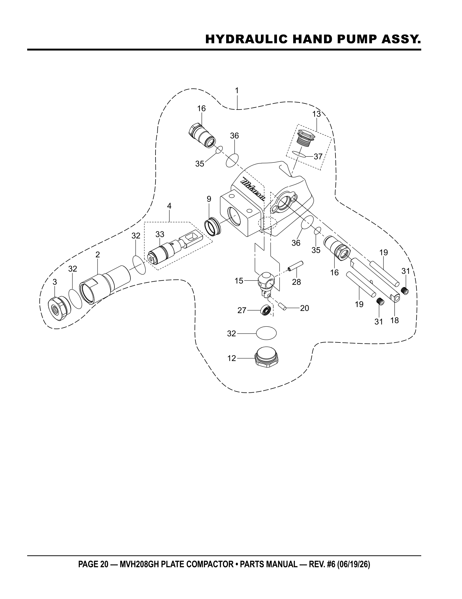 Multiquip MVH208 Reversible Plate Compactor HYDRAULIC HAND PUMP ASSY. parts diagram