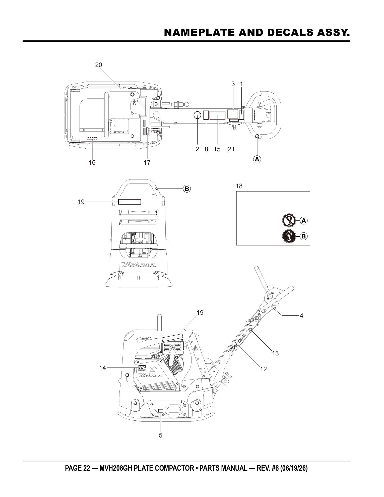 Multiquip MVH208 Reversible Plate Compactor NAMEPLATE AND DECALS ASSY. parts diagram