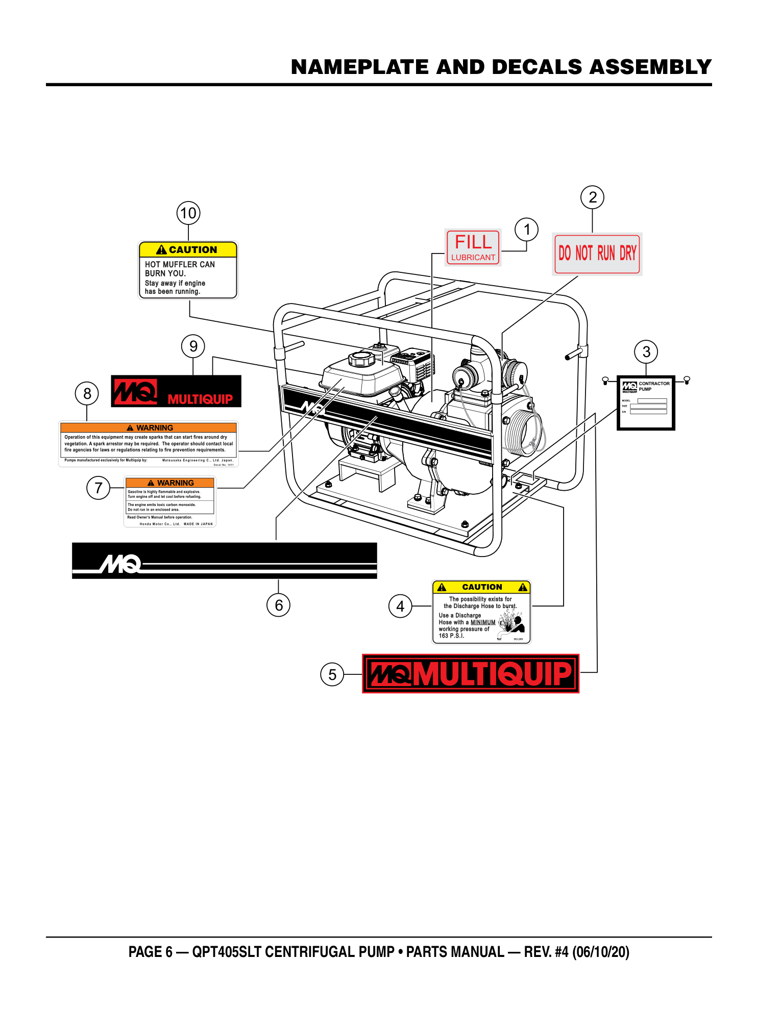 Multiquip QPT405 High-Pressure Pump NAMEPLATE AND DECALS ASSEMBLY parts diagram