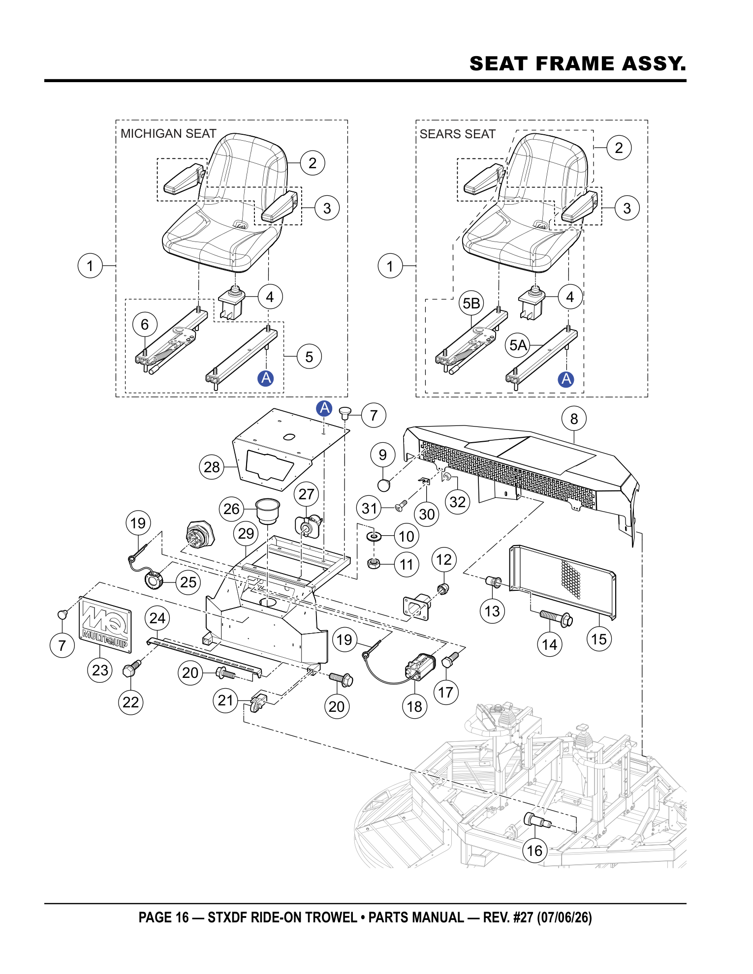 Multiquip Hydrostatic Drive Ride-On Trowel SEAT FRAME ASSY. parts diagram