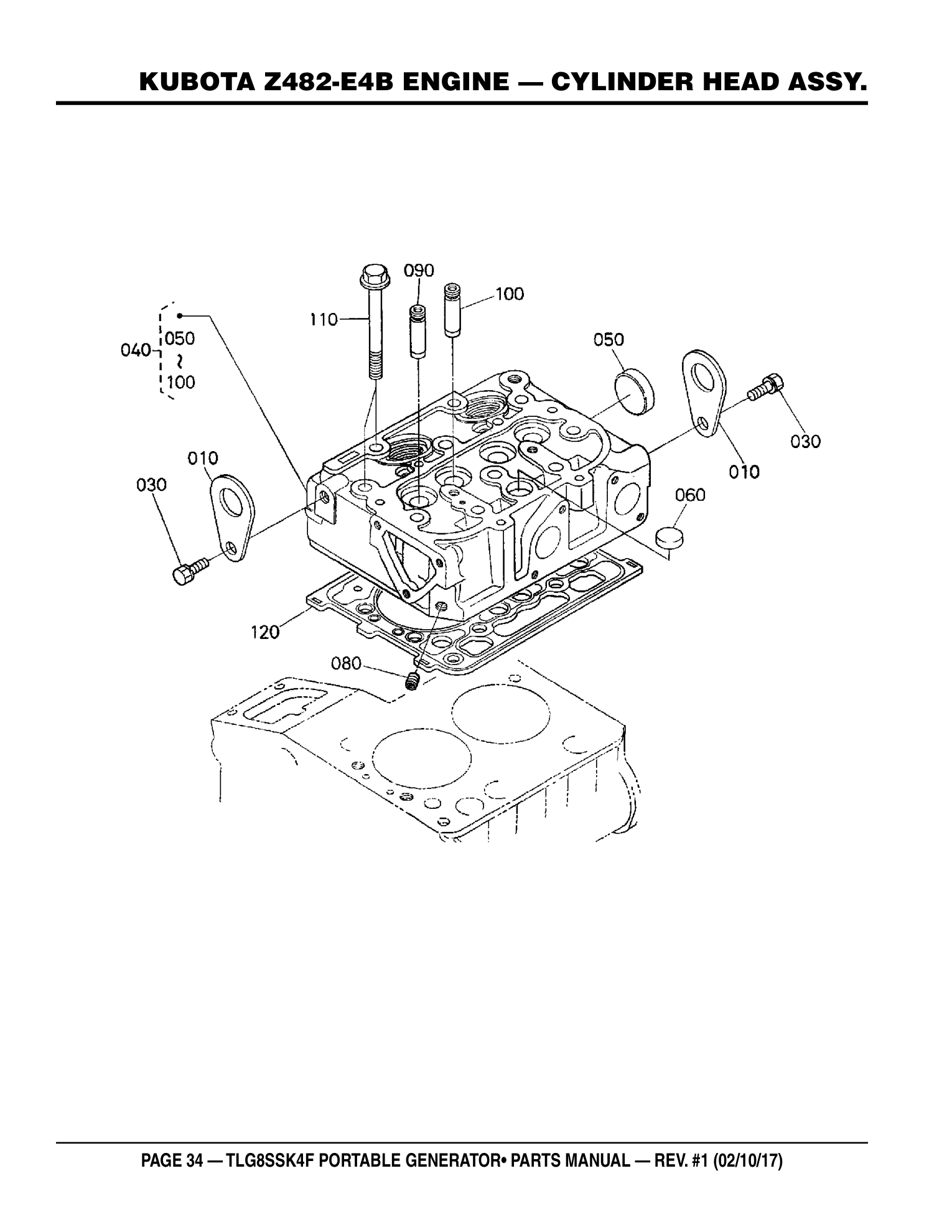 Multiquip TLG8SSK4F Generator KUBOTA Z482-E4B ENGINE - CYLINDER HEAD ASSY. parts diagram