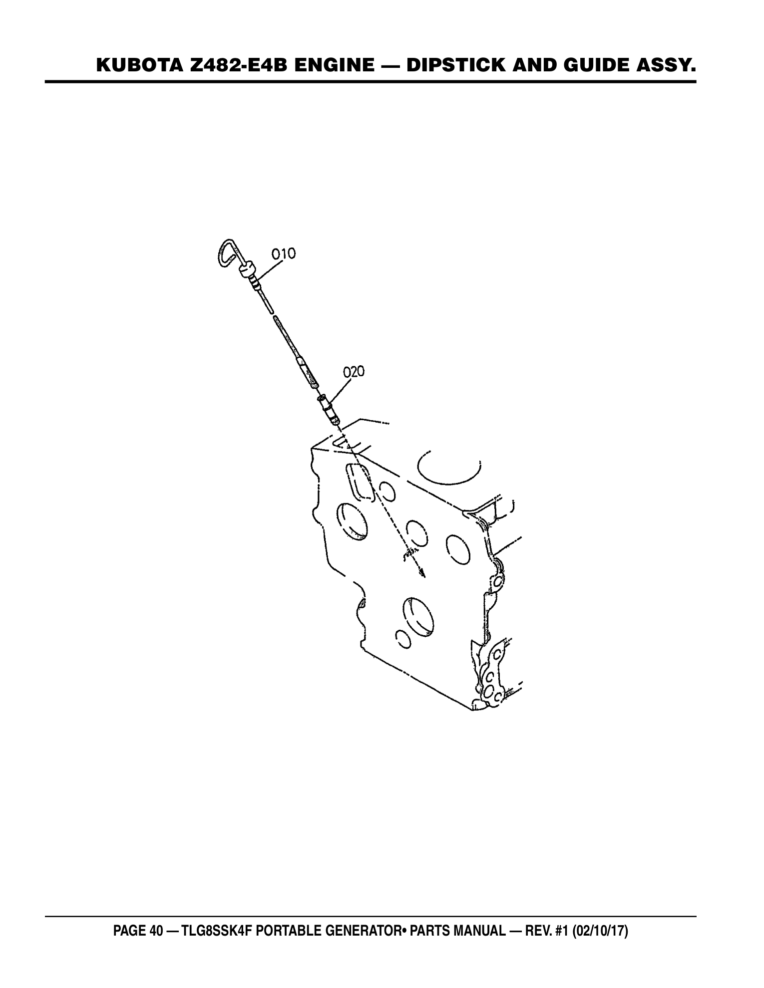 Multiquip TLG8SSK4F Generator KUBOTA Z482-E4B ENGINE - DIPSTICK AND GUIDE ASSY. parts diagram