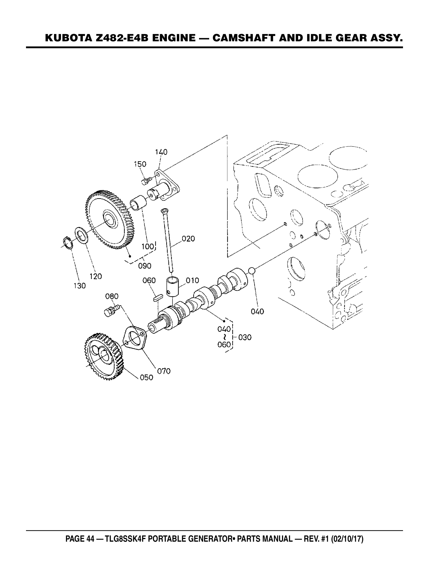 Multiquip TLG8SSK4F Generator KUBOTA Z482-E4B ENGINE - CAMSHAFT AND IDLE GEAR ASSY. parts diagram