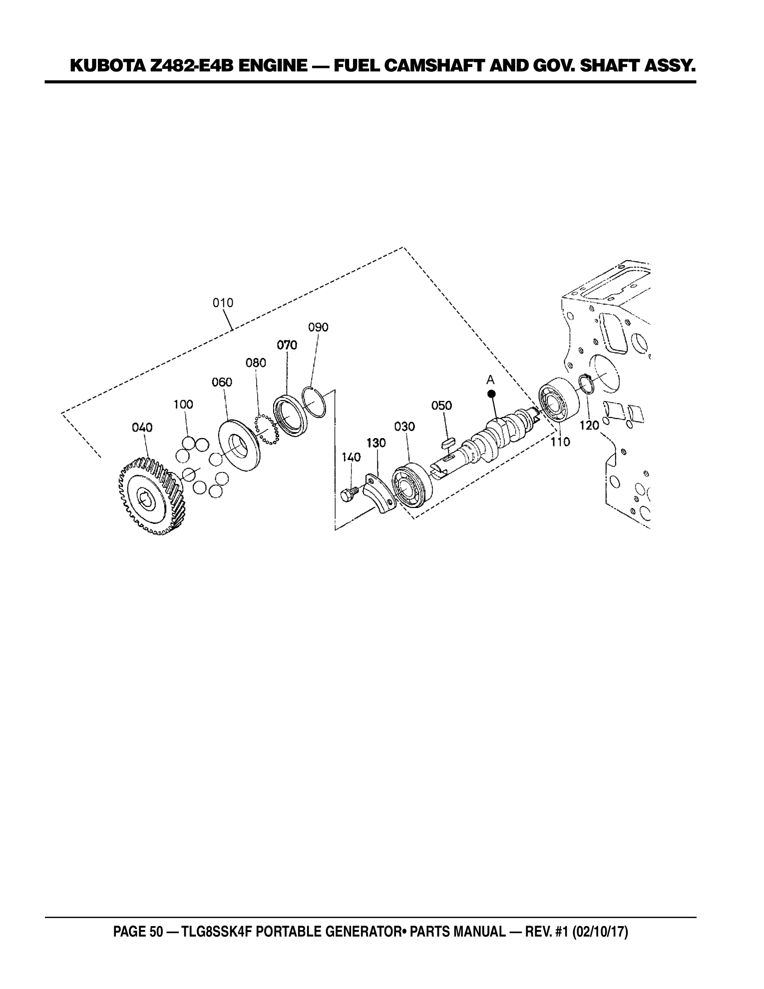 Multiquip TLG8SSK4F Generator KUBOTA Z482-E4B ENGINE - FUEL CAMSHAFT AND GOV. SHAFT ASSY. parts diagram