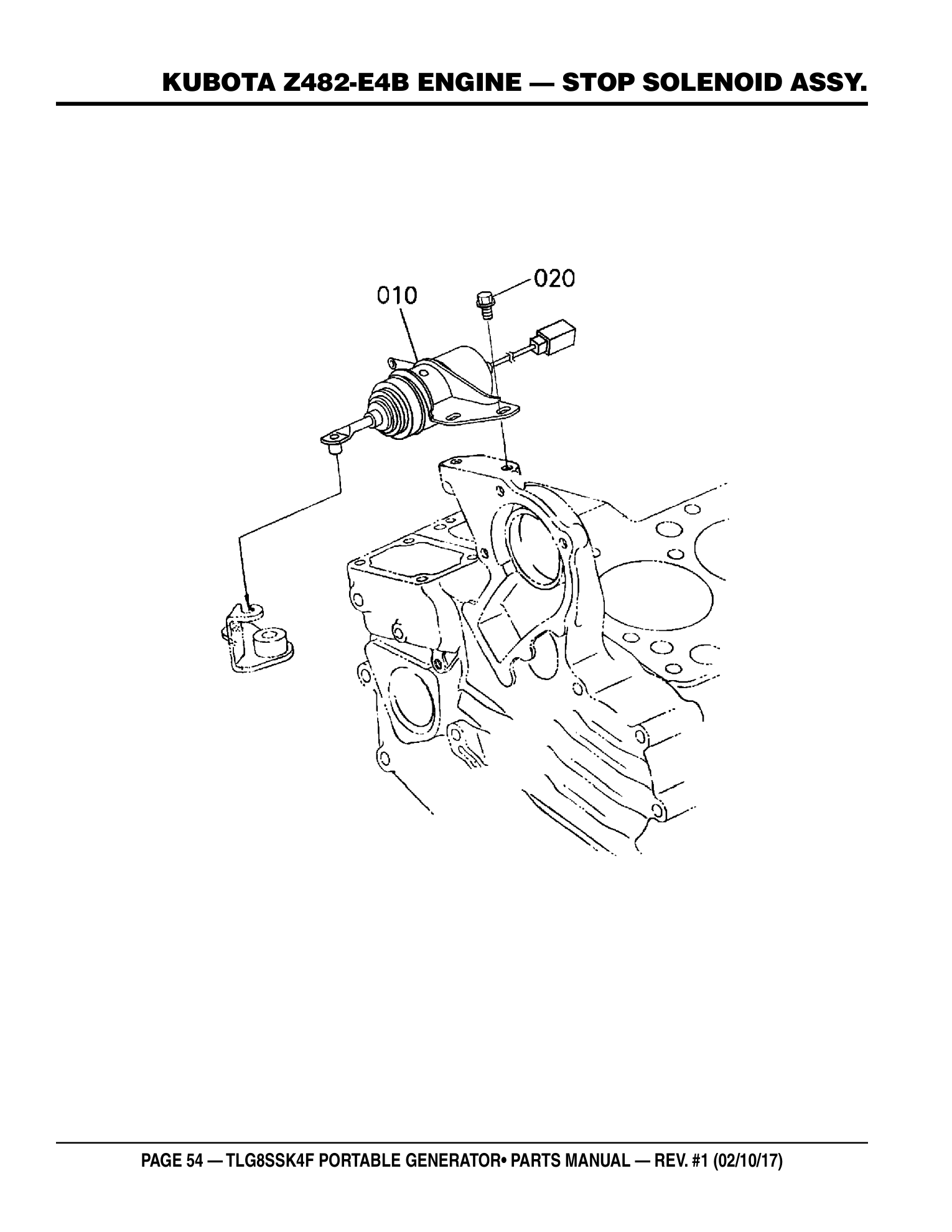 Multiquip TLG8SSK4F Generator KUBOTA Z482-E4B ENGINE - STOP SOLENOID ASSY. parts diagram