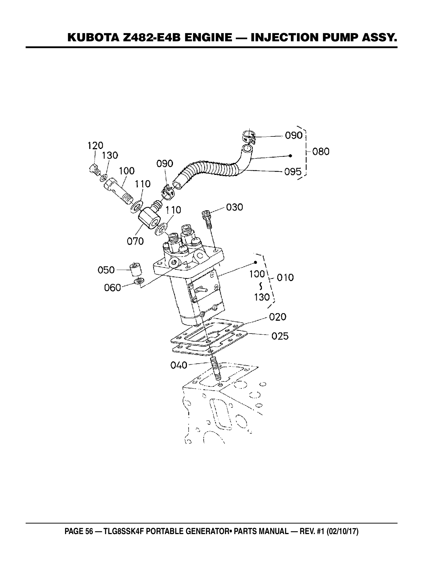 Multiquip TLG8SSK4F Generator KUBOTA Z482-E4B ENGINE - INJECTION PUMP ASSY. parts diagram