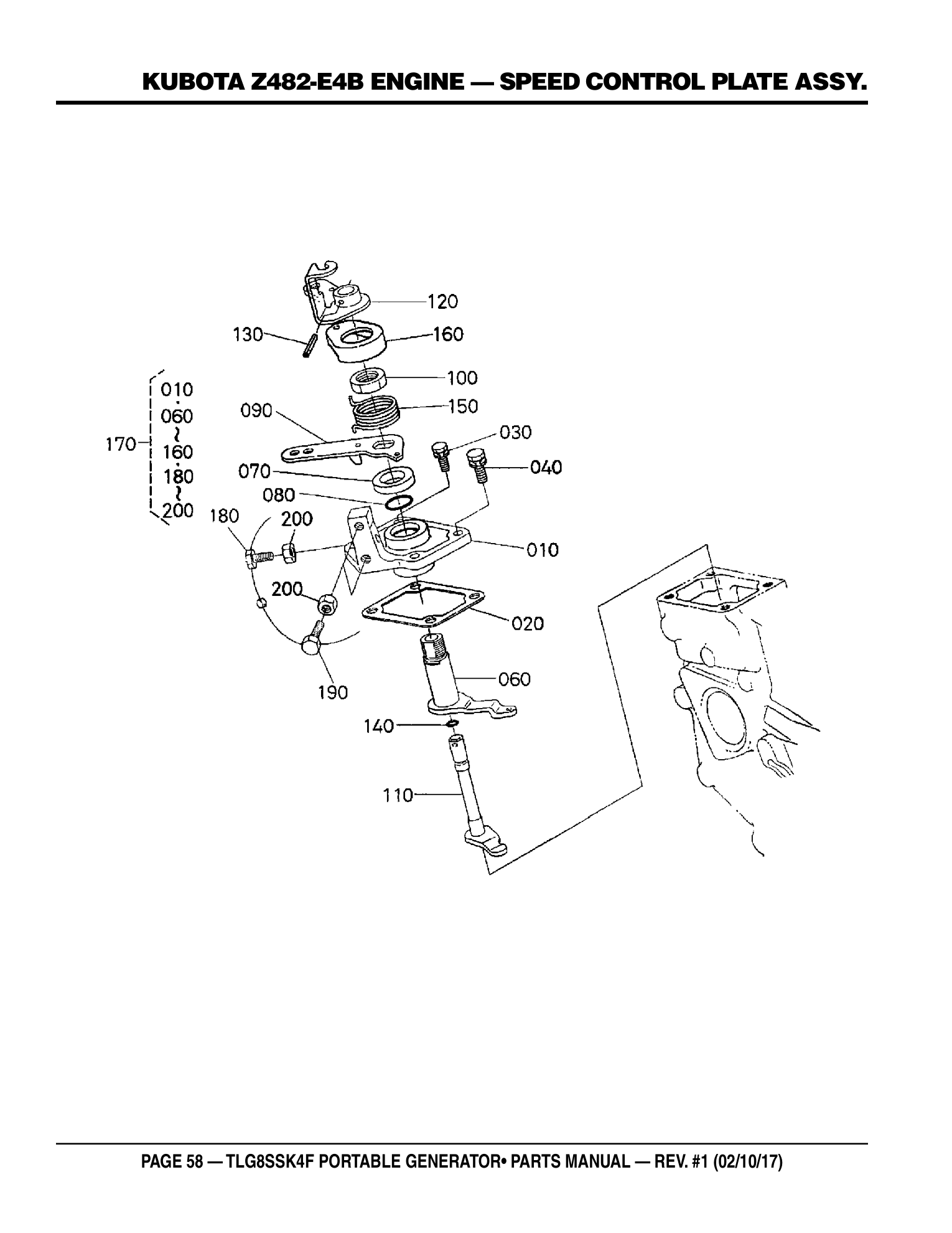 Multiquip TLG8SSK4F Generator KUBOTA Z482-E4B ENGINE - SPEED CONTROL PLATE ASSY. parts diagram