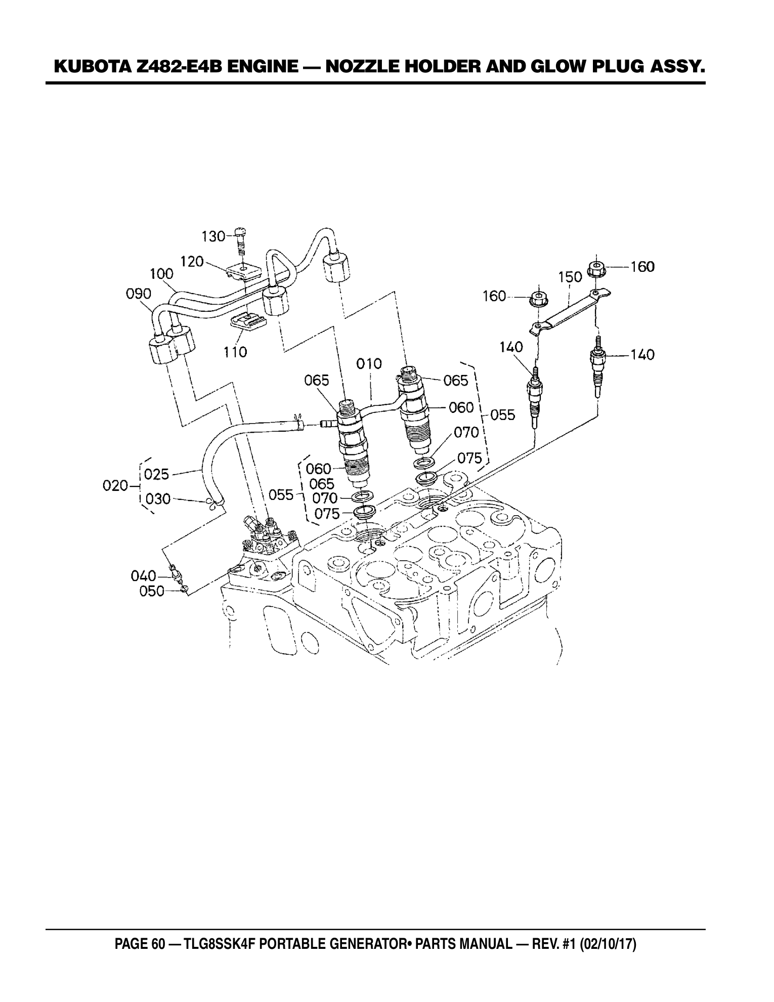 Multiquip TLG8SSK4F Generator KUBOTA Z482-E4B ENGINE - NOZZLE HOLDER AND GLOW PLUG ASSY. parts diagram