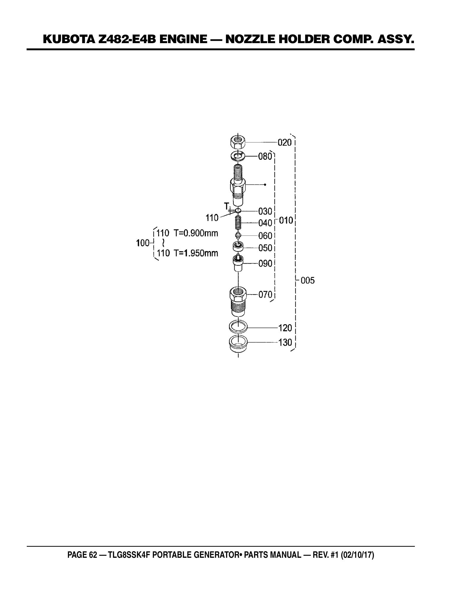 Multiquip TLG8SSK4F Generator KUBOTA Z482-E4B ENGINE - NOZZLE HOLDER COMP. ASSY. parts diagram