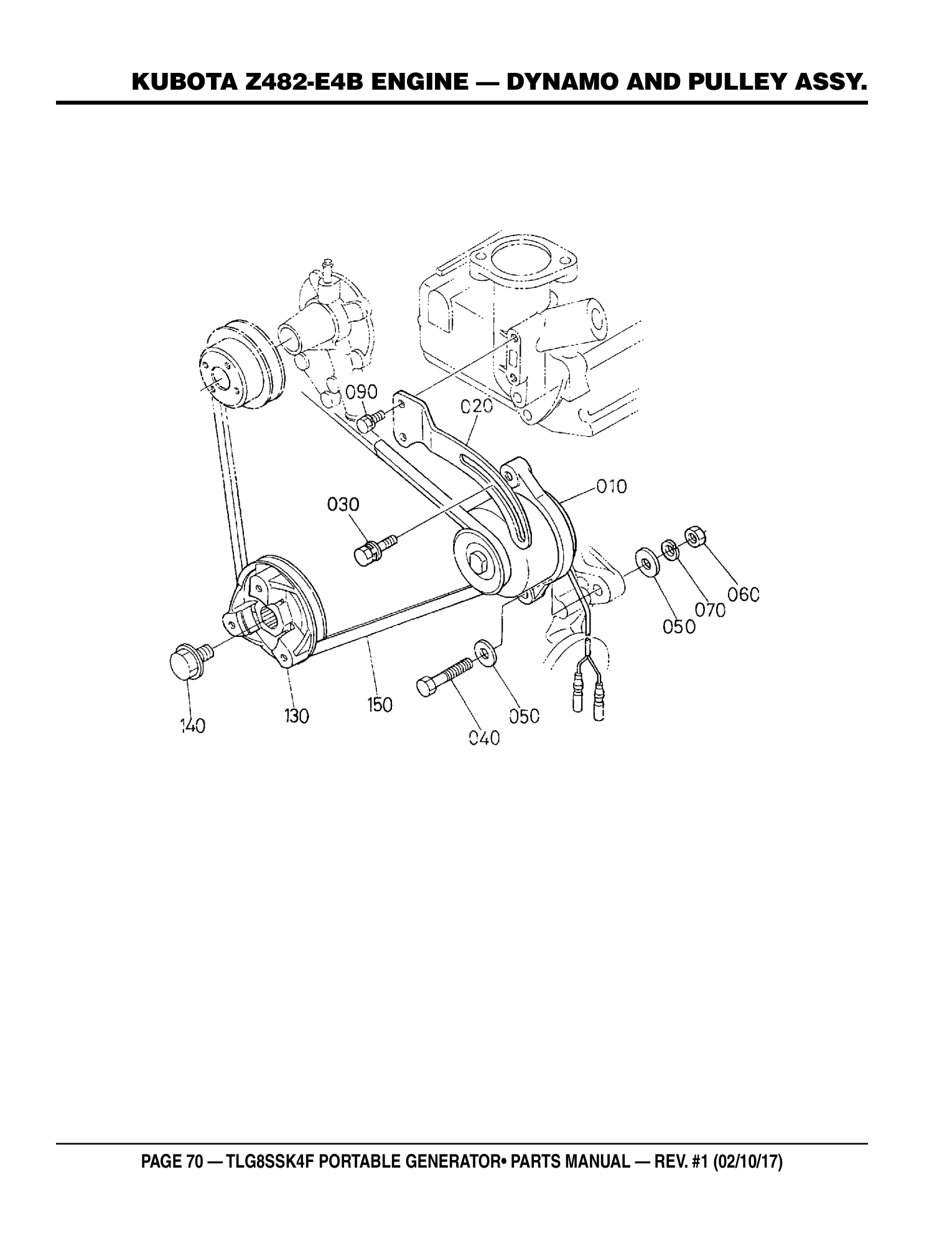 Multiquip TLG8SSK4F Generator KUBOTA Z482-E4B ENGINE - DYNAMO AND PULLEY ASSY. parts diagram