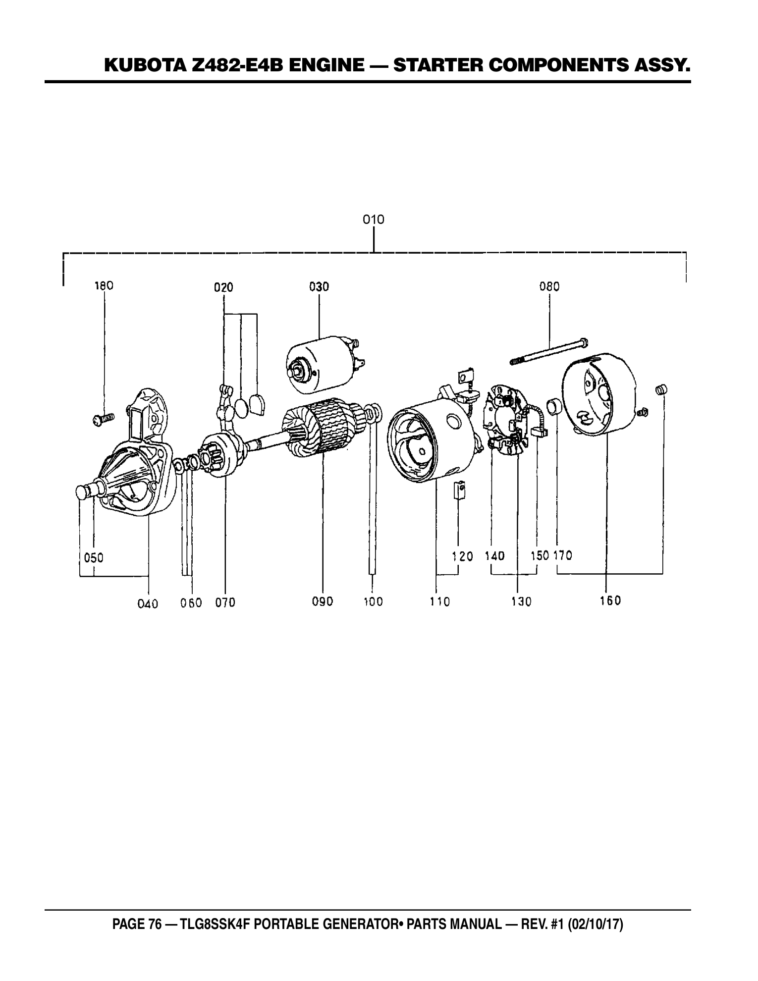 Multiquip TLG8SSK4F Generator KUBOTA Z482-E4B ENGINE - STARTER COMPONENTS ASSY. parts diagram
