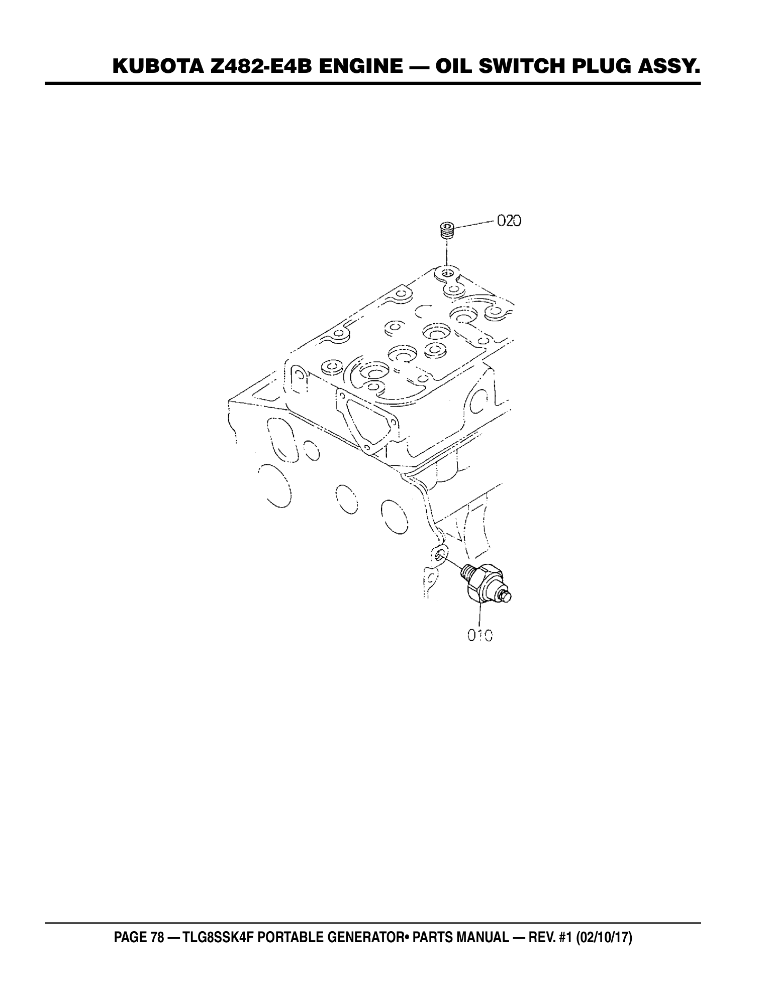 Multiquip TLG8SSK4F Generator KUBOTA Z482-E4B ENGINE - OIL SWITCH PLUG ASSY. parts diagram