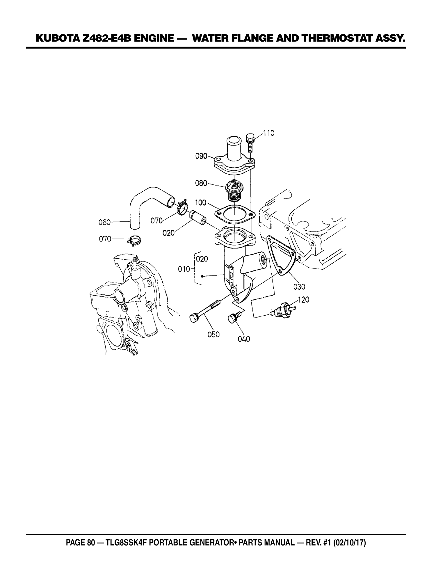 Multiquip TLG8SSK4F Generator KUBOTA Z482-E4B ENGINE - WATER FLANGE AND THERMOSTAT ASSY. parts diagram