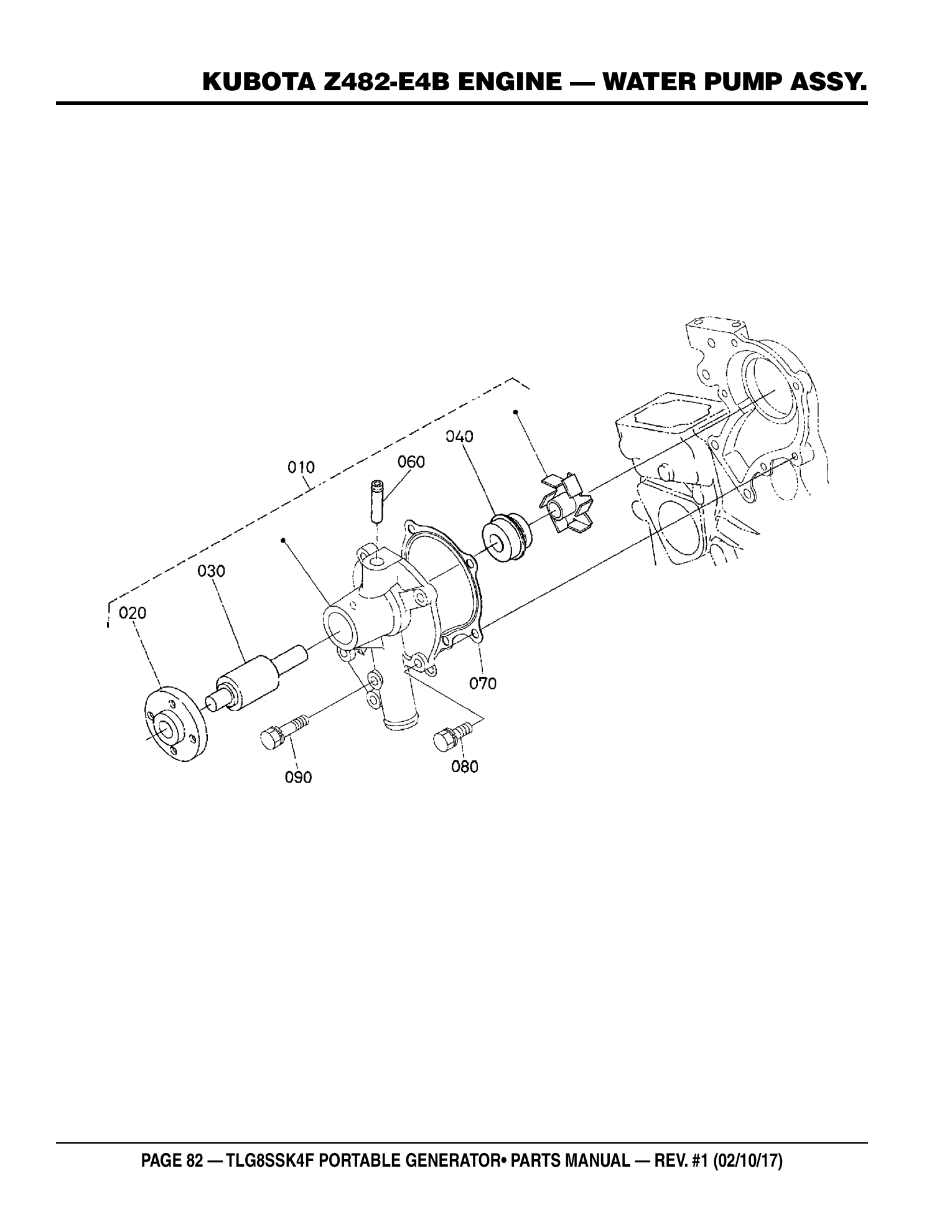 Multiquip TLG8SSK4F Generator KUBOTA Z482-E4B ENGINE - WATER PUMP ASSY. parts diagram
