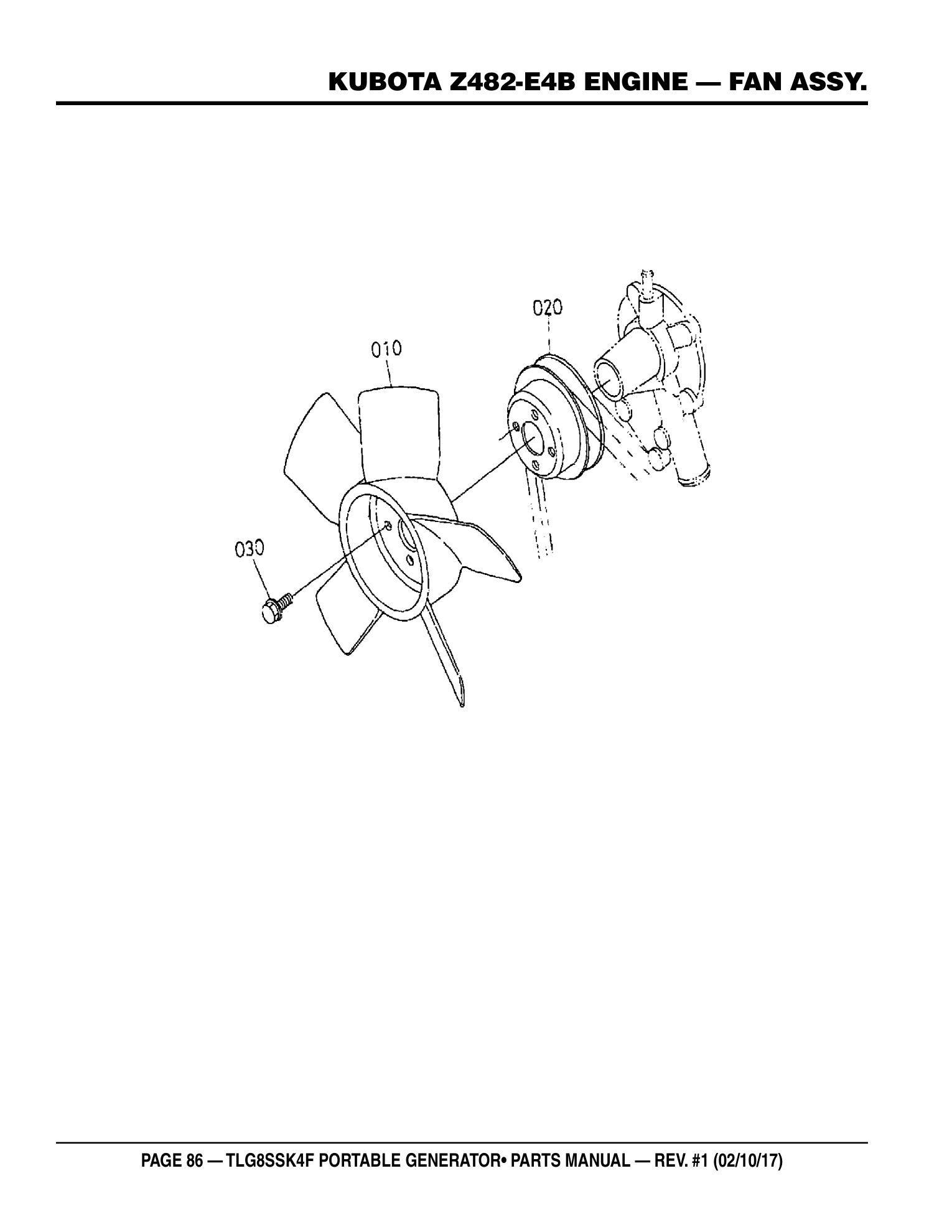 Multiquip TLG8SSK4F Generator KUBOTA Z482-E4B ENGINE - FAN ASSY. parts diagram