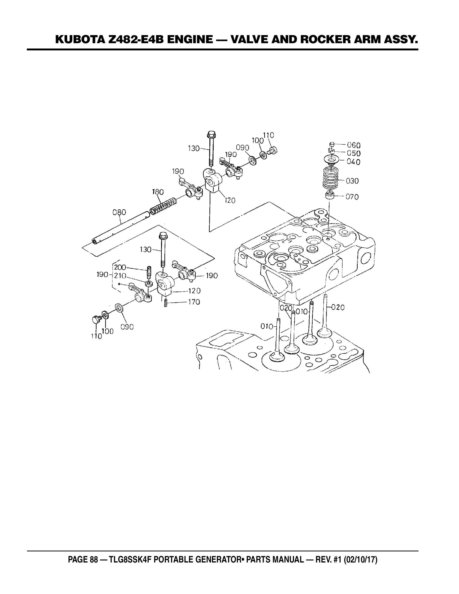 Multiquip TLG8SSK4F Generator KUBOTA Z482-E4B ENGINE - VALVE AND ROCKER ARM ASSY. parts diagram