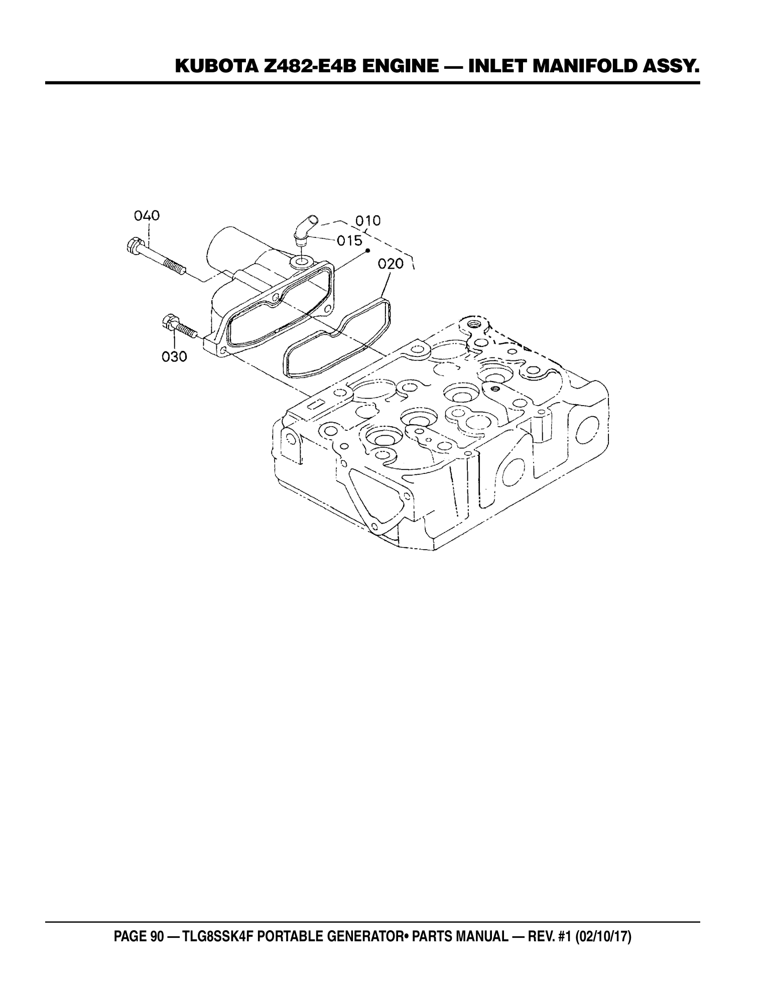 Multiquip TLG8SSK4F Generator KUBOTA Z482-E4B ENGINE - INLET MANIFOLD ASSY. parts diagram