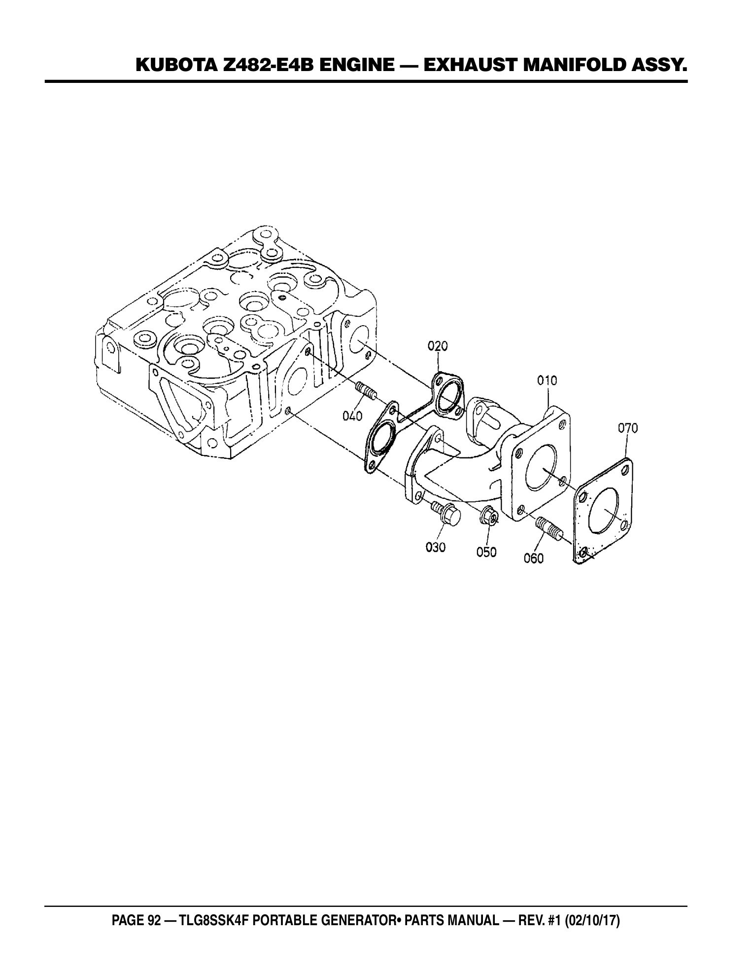 Multiquip TLG8SSK4F Generator KUBOTA Z482-E4B ENGINE - EXHAUST MANIFOLD ASSY. parts diagram
